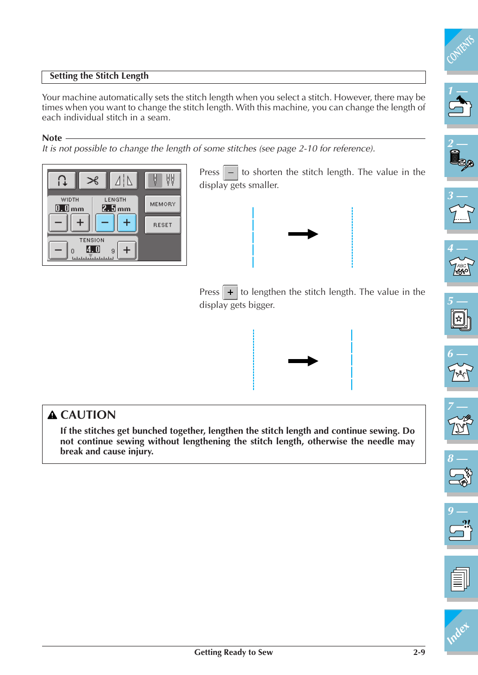 Setting the stitch length -9, Caution | Brother ULT2001 2001N 2001C 2002D 2003D User Manual | Page 66 / 321