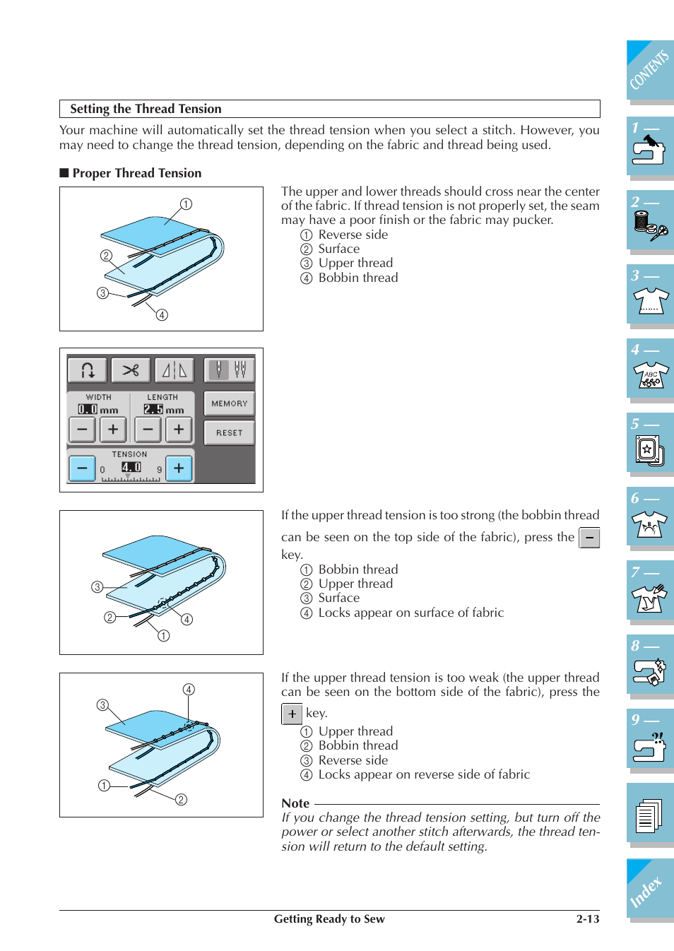 Setting the thread tension -13, Proper thread tension -13 | Brother ULT2001 2001N 2001C 2002D 2003D User Manual | Page 70 / 321