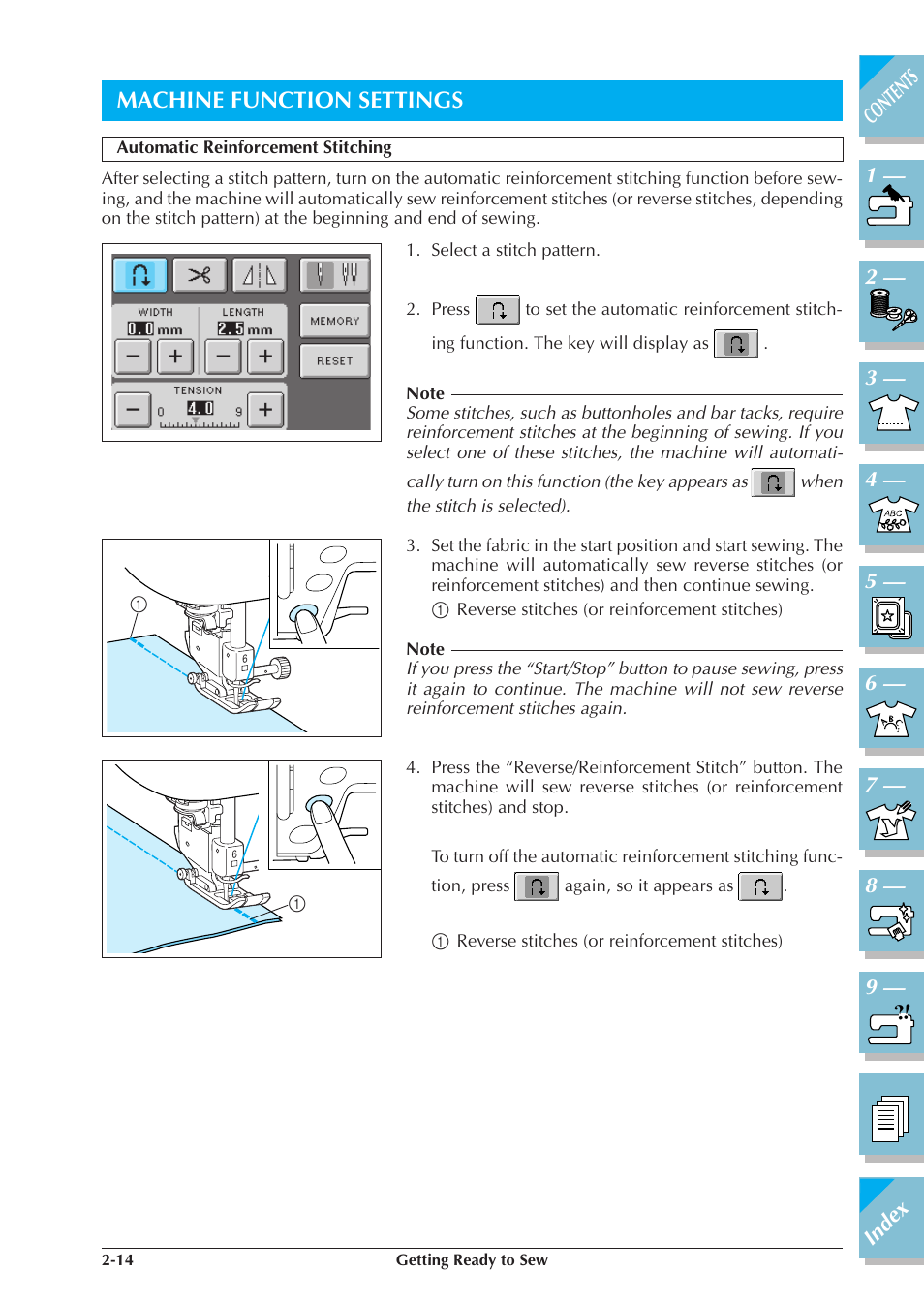 Machine function settings -14, Automatic reinforcement stitching -14, Machine function settings | Brother ULT2001 2001N 2001C 2002D 2003D User Manual | Page 71 / 321