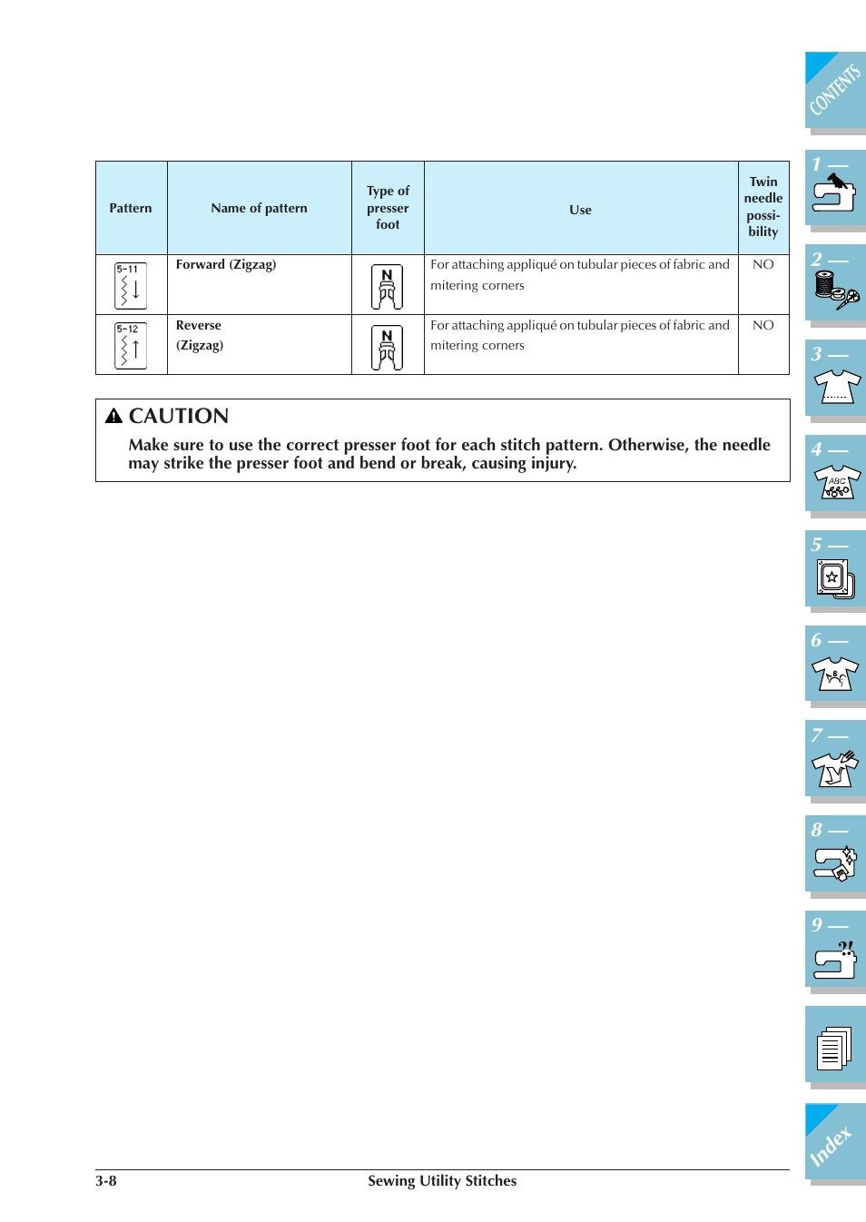 Through 3-8 for proper presser foot, Caution | Brother ULT2001 2001N 2001C 2002D 2003D User Manual | Page 81 / 321