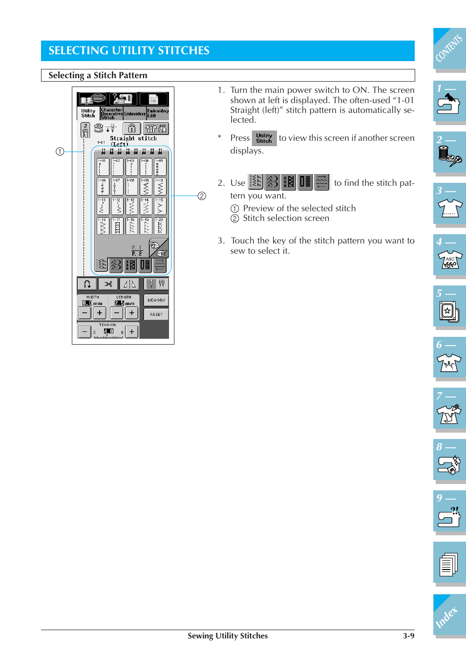 Selecting utility stitches -9, Selecting a stitch pattern -9, Selecting utility stitches | Brother ULT2001 2001N 2001C 2002D 2003D User Manual | Page 82 / 321