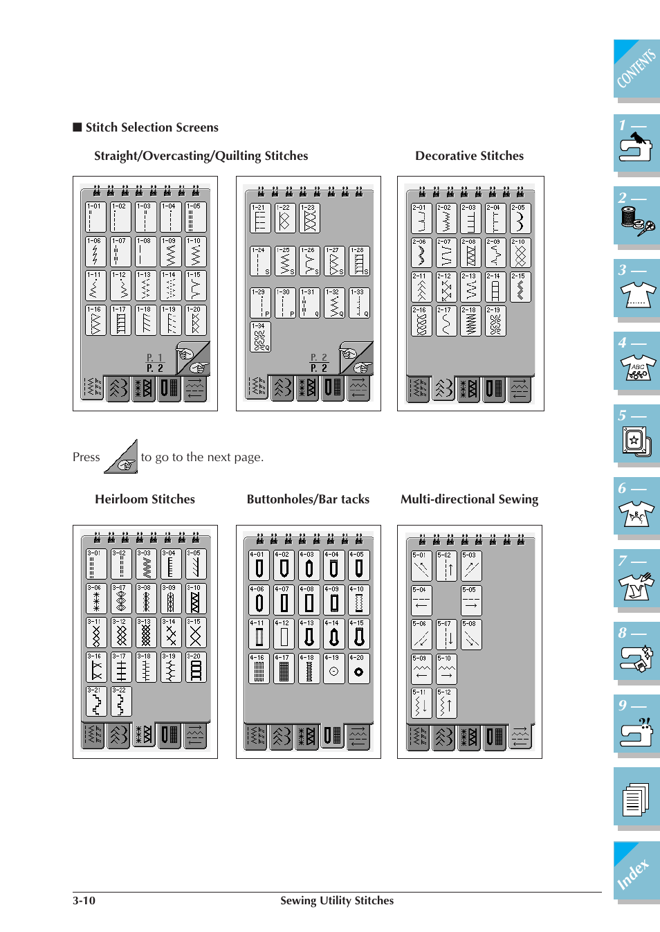 Stitch selection screens -10 | Brother ULT2001 2001N 2001C 2002D 2003D User Manual | Page 83 / 321