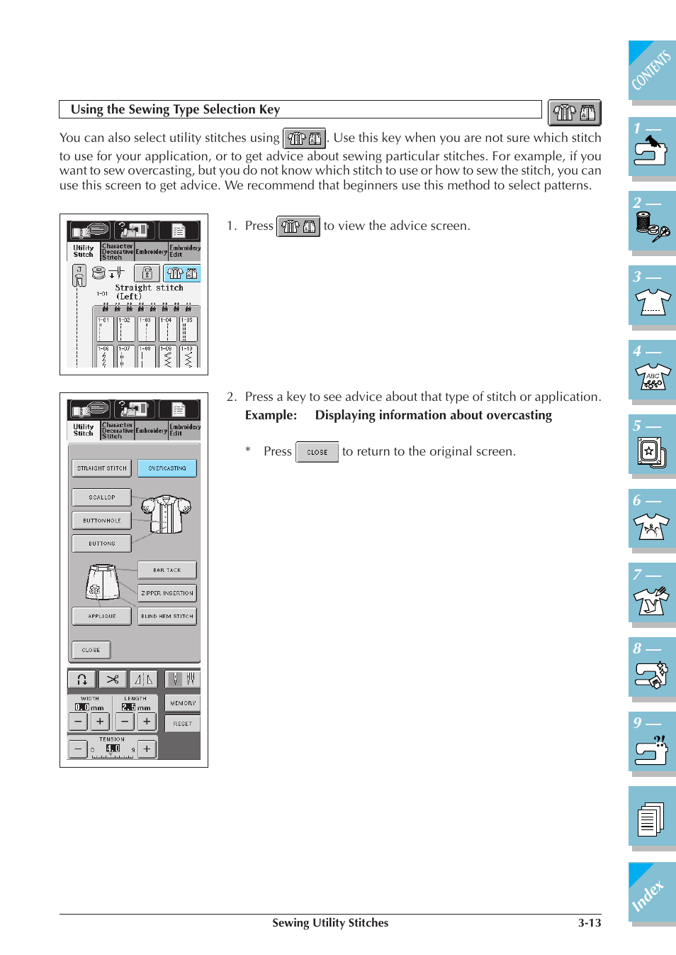 Using the sewing type selection key -13 | Brother ULT2001 2001N 2001C 2002D 2003D User Manual | Page 86 / 321
