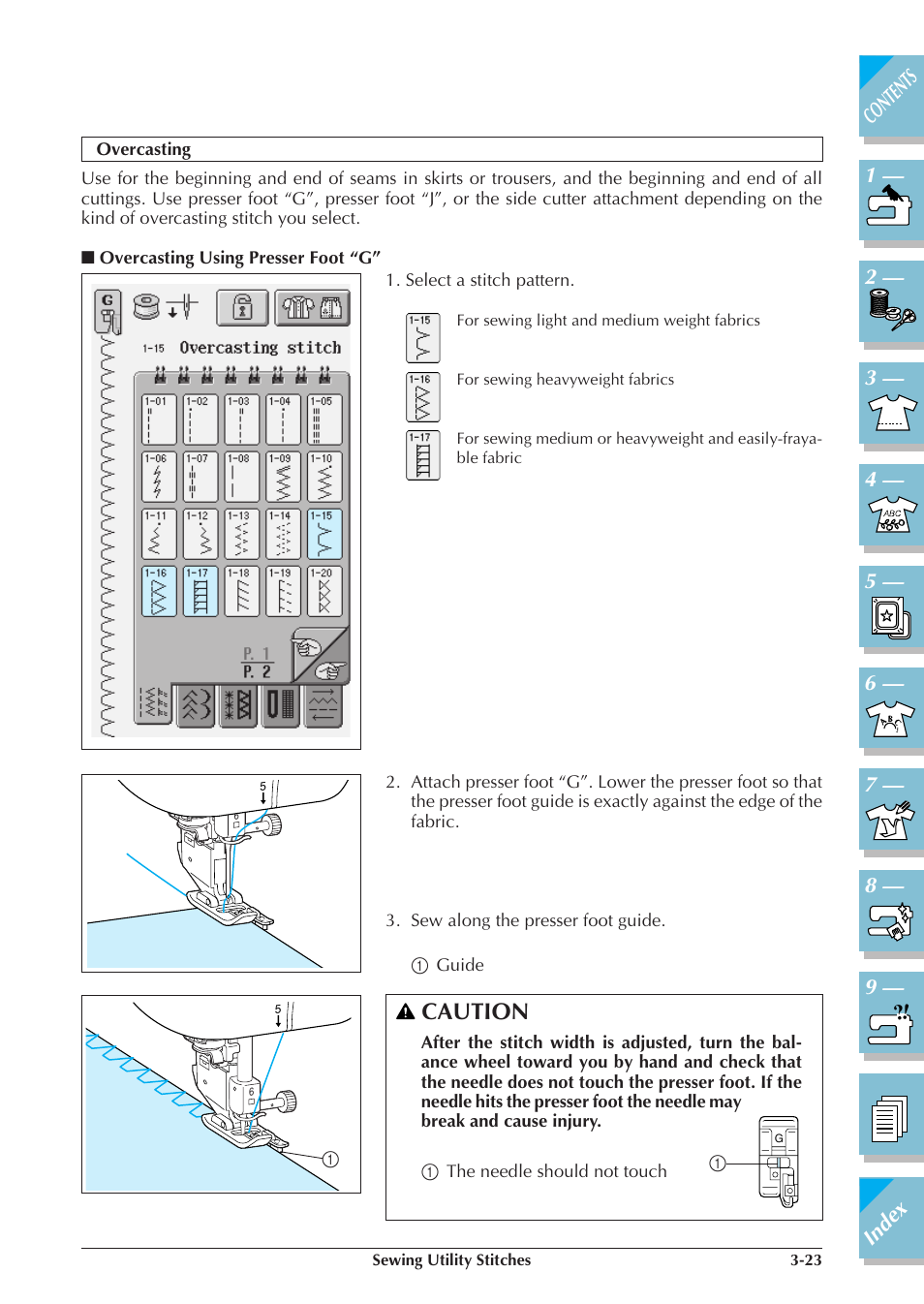 Overcasting -23, Overcasting using presser foot “g” 3-23, Caution | Brother ULT2001 2001N 2001C 2002D 2003D User Manual | Page 96 / 321