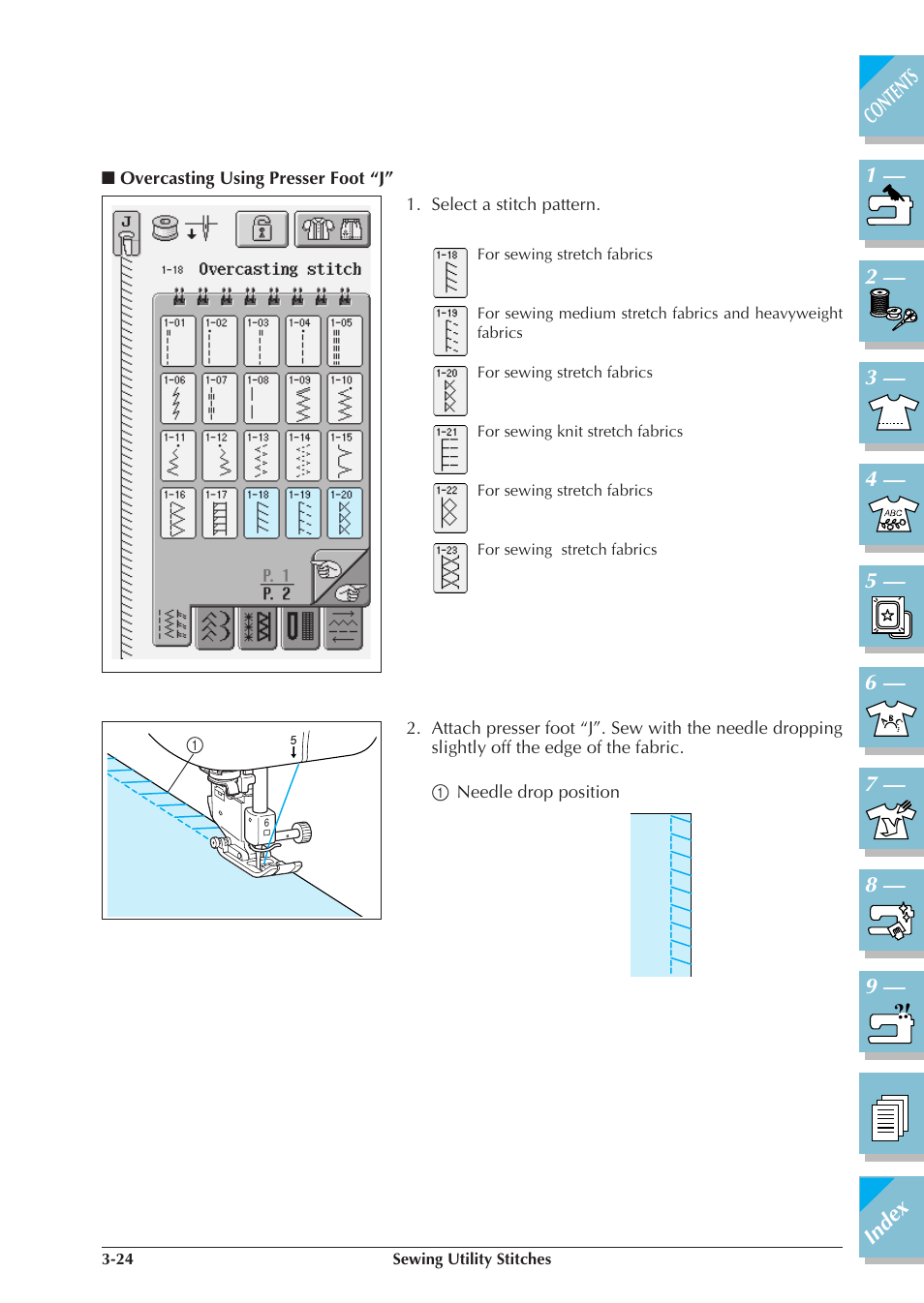 Overcasting using presser foot “j” 3-24 | Brother ULT2001 2001N 2001C 2002D 2003D User Manual | Page 97 / 321