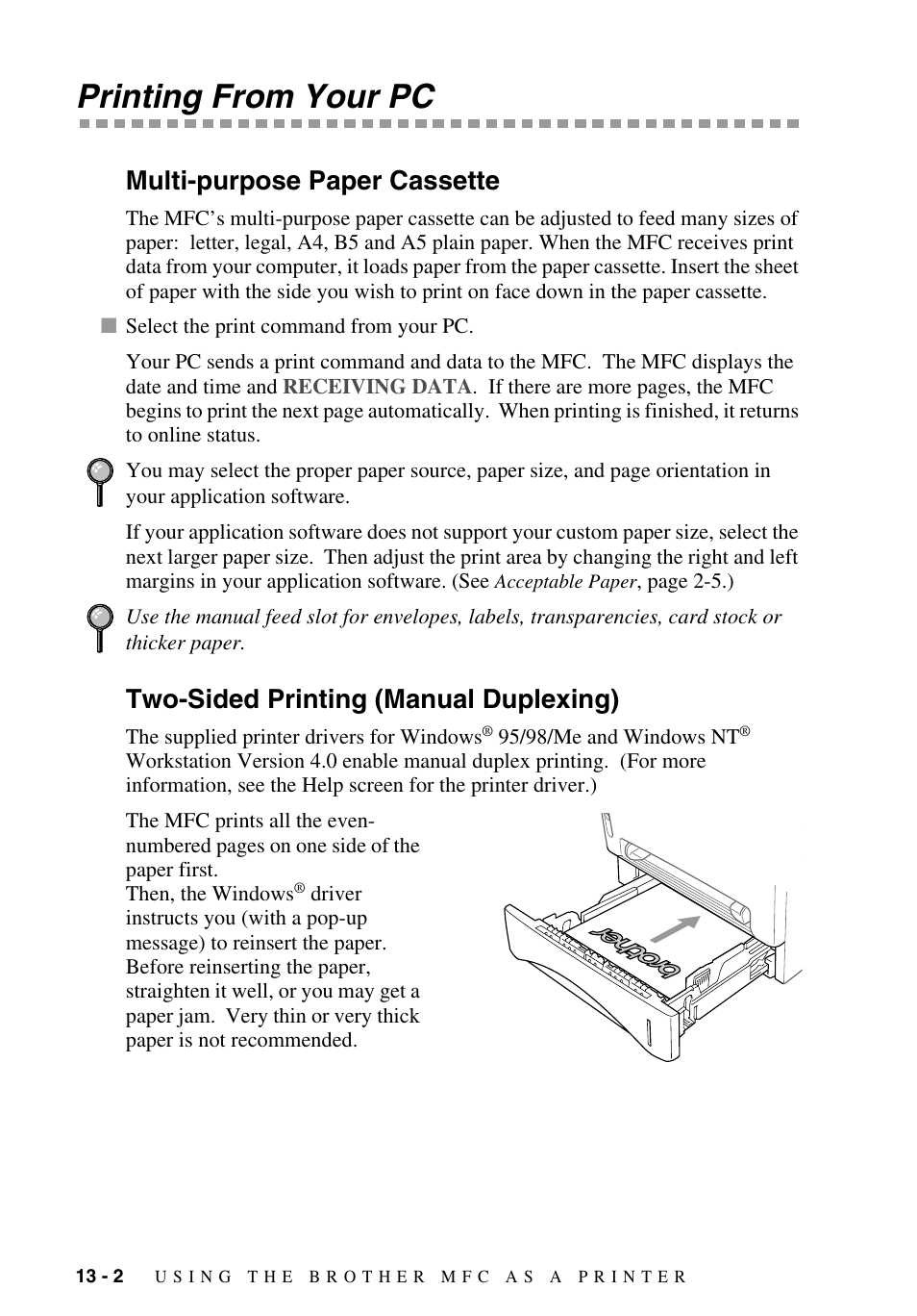 Printing from your pc, Multi-purpose paper cassette, Two-sided printing (manual duplexing) | Printing from your pc -2 | Brother MFC-9700 User Manual | Page 104 / 228