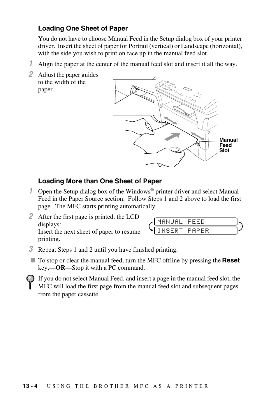 Loading one sheet of paper, Loading more than one sheet of paper | Brother MFC-9700 User Manual | Page 106 / 228