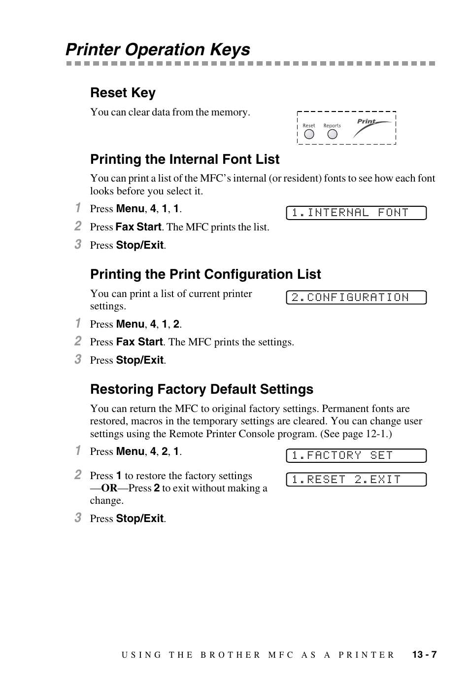 Printer operation keys, Reset key, Printing the internal font list | Printing the print configuration list, Restoring factory default settings, Printer operation keys -7 | Brother MFC-9700 User Manual | Page 109 / 228