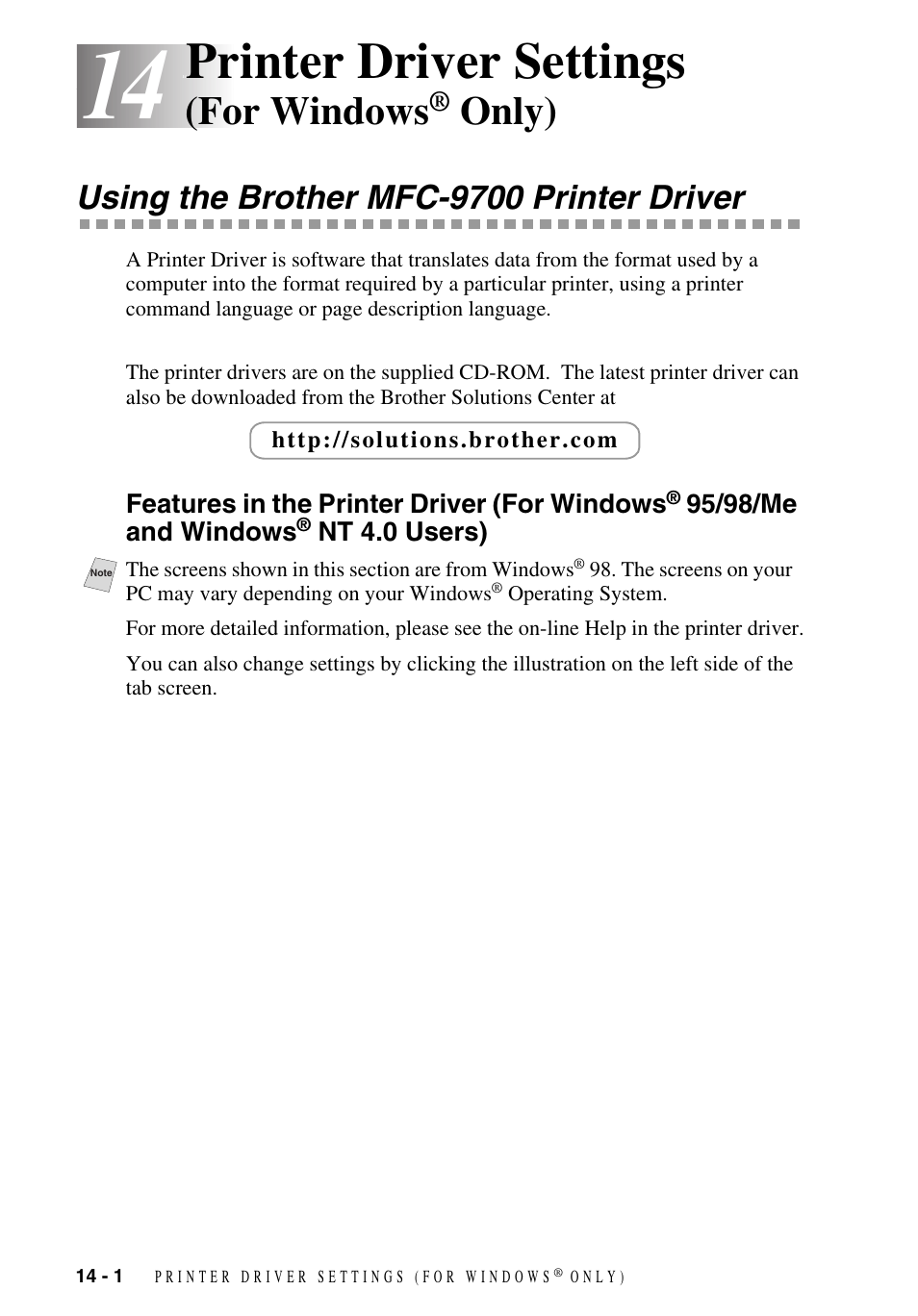 14 printer driver settings (for windows® only), Using the brother mfc-9700 printer driver, Printer driver settings (for windows | Only) -1, Using the brother mfc-9700 printer driver -1, Features in the printer driver (for windows, 95/98/me and, Windows, Nt 4.0 users) -1, Printer driver settings | Brother MFC-9700 User Manual | Page 110 / 228