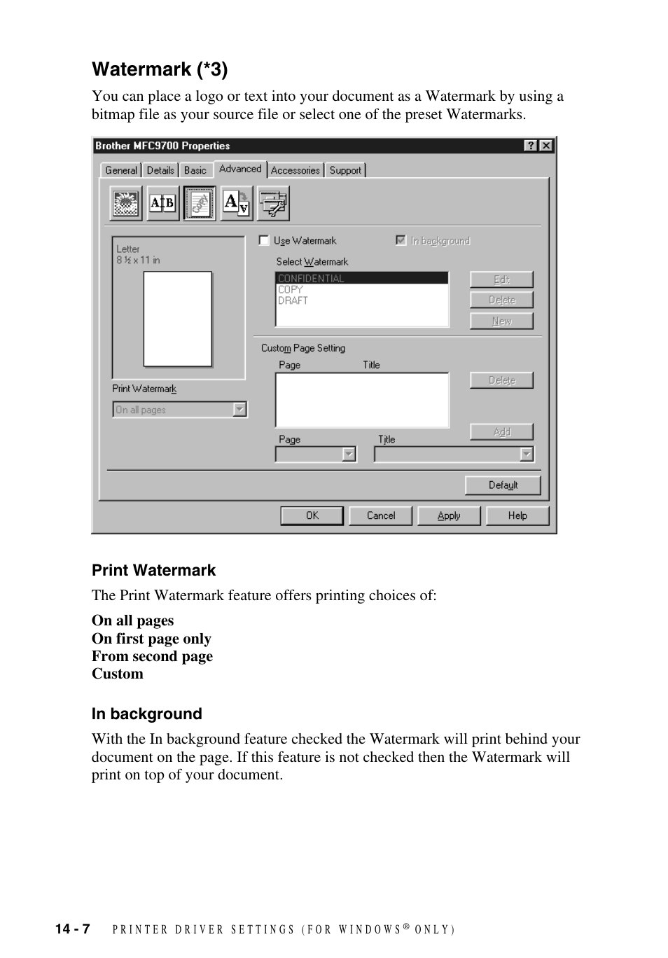 Watermark (*3), Print watermark, In background | Watermark (*3) -7, Print watermark -7 in background -7 | Brother MFC-9700 User Manual | Page 116 / 228