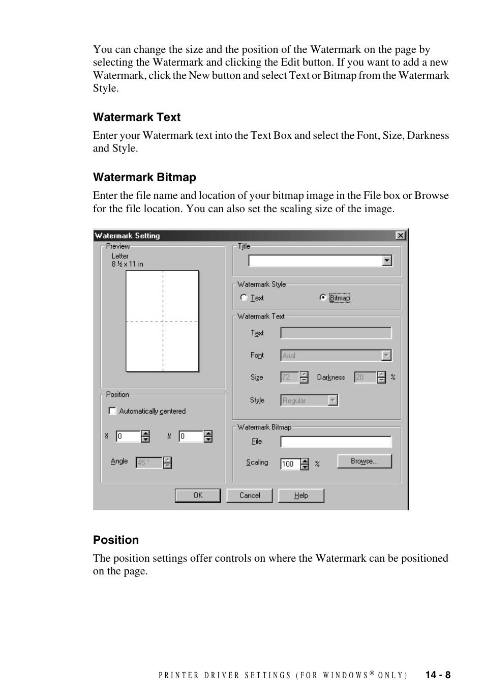 Watermark text, Watermark bitmap, Position | Watermark text -8 watermark bitmap -8 position -8 | Brother MFC-9700 User Manual | Page 117 / 228