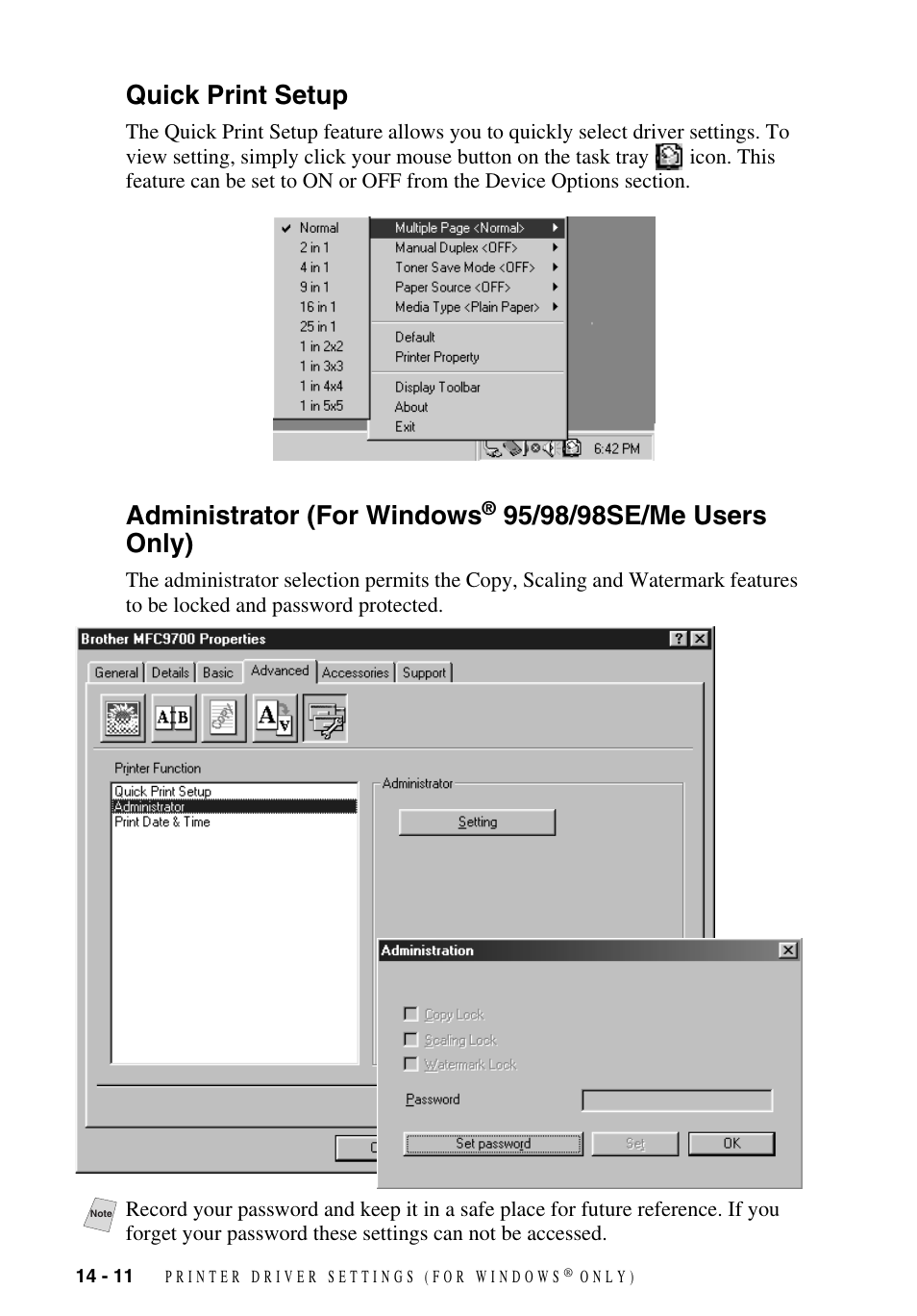 Quick print setup, Quick print setup -11 administrator, For windows | 95/98/98se/me users only) -11, Administrator (for windows | Brother MFC-9700 User Manual | Page 120 / 228