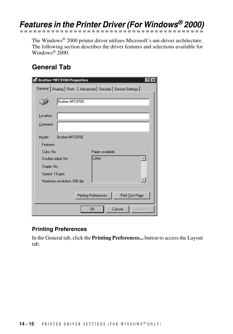 Features in the printer driver (for windows® 2000), General tab, Printing preferences | Features in the printer driver (for windows, General tab -15, Printing preferences -15 | Brother MFC-9700 User Manual | Page 124 / 228