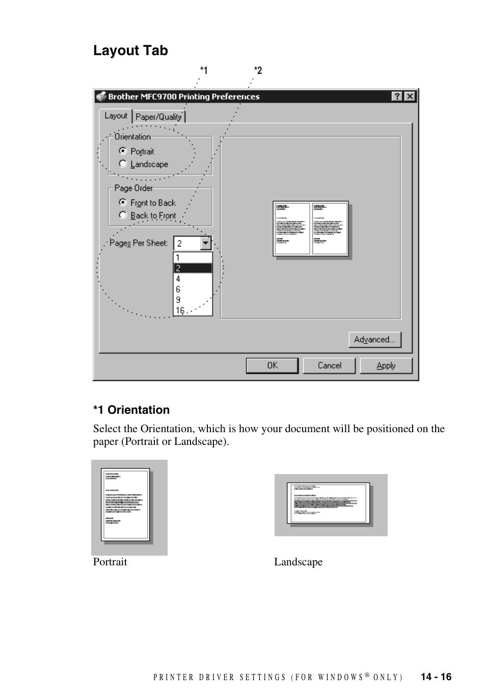 Layout tab, 1 orientation, Layout tab -16 | 1 orientation -16 | Brother MFC-9700 User Manual | Page 125 / 228