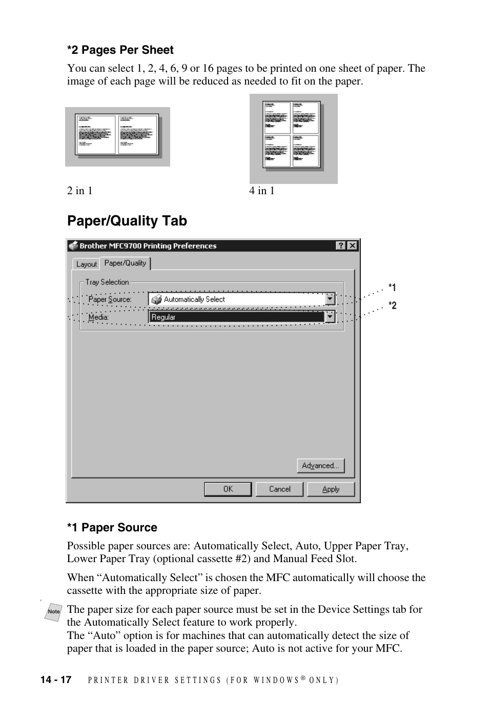 Paper/quality tab, 1 paper source, Paper/quality tab -17 | 1 paper source -17 | Brother MFC-9700 User Manual | Page 126 / 228