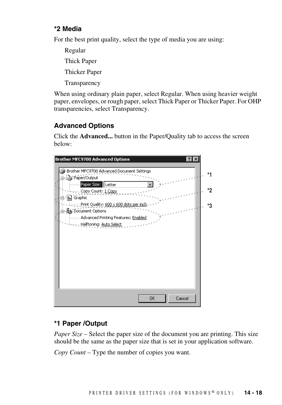 2 media, Advanced options, 1 paper /output | Brother MFC-9700 User Manual | Page 127 / 228