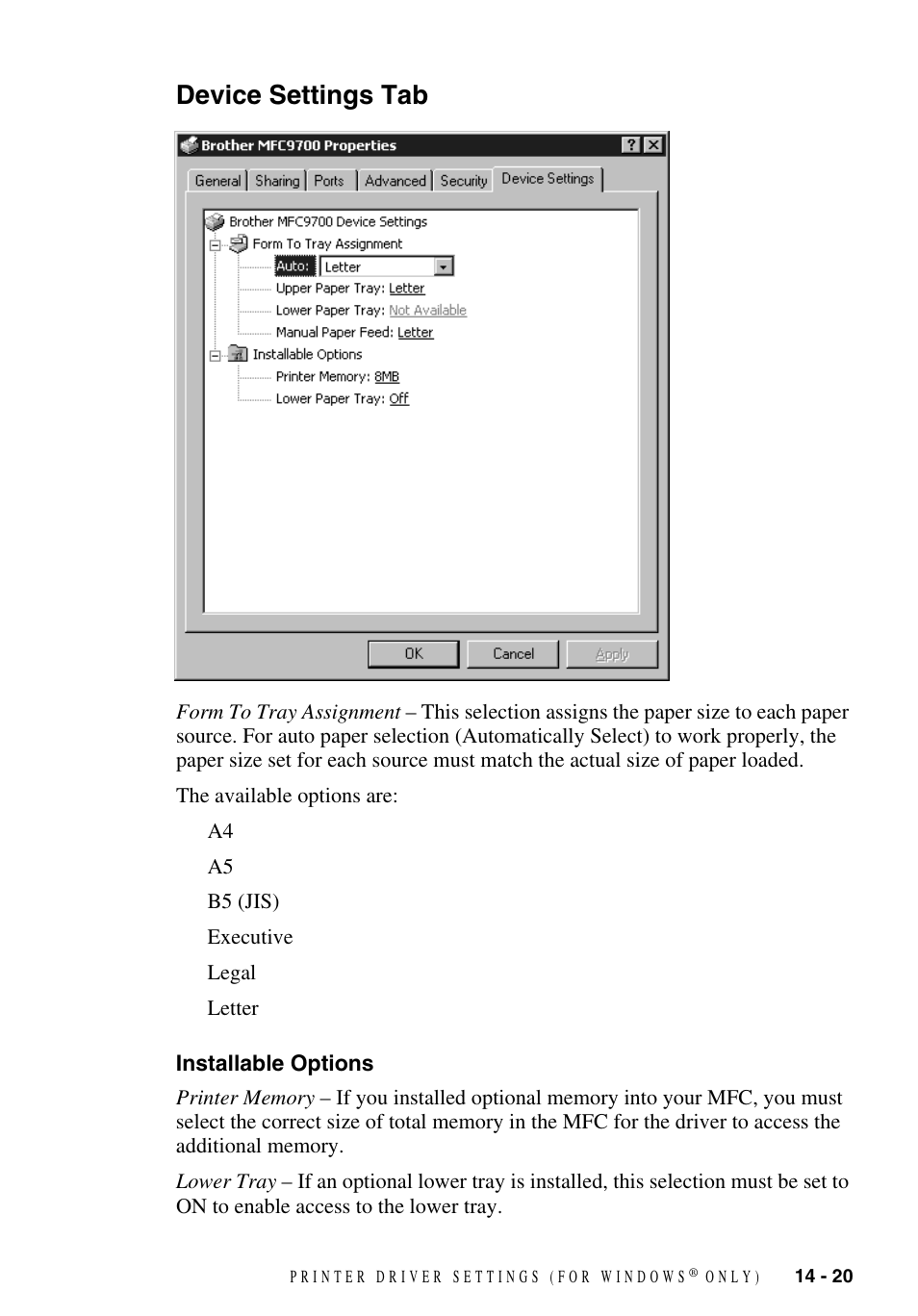 Device settings tab, Installable options, Device settings tab -20 | Installable options -20 | Brother MFC-9700 User Manual | Page 129 / 228