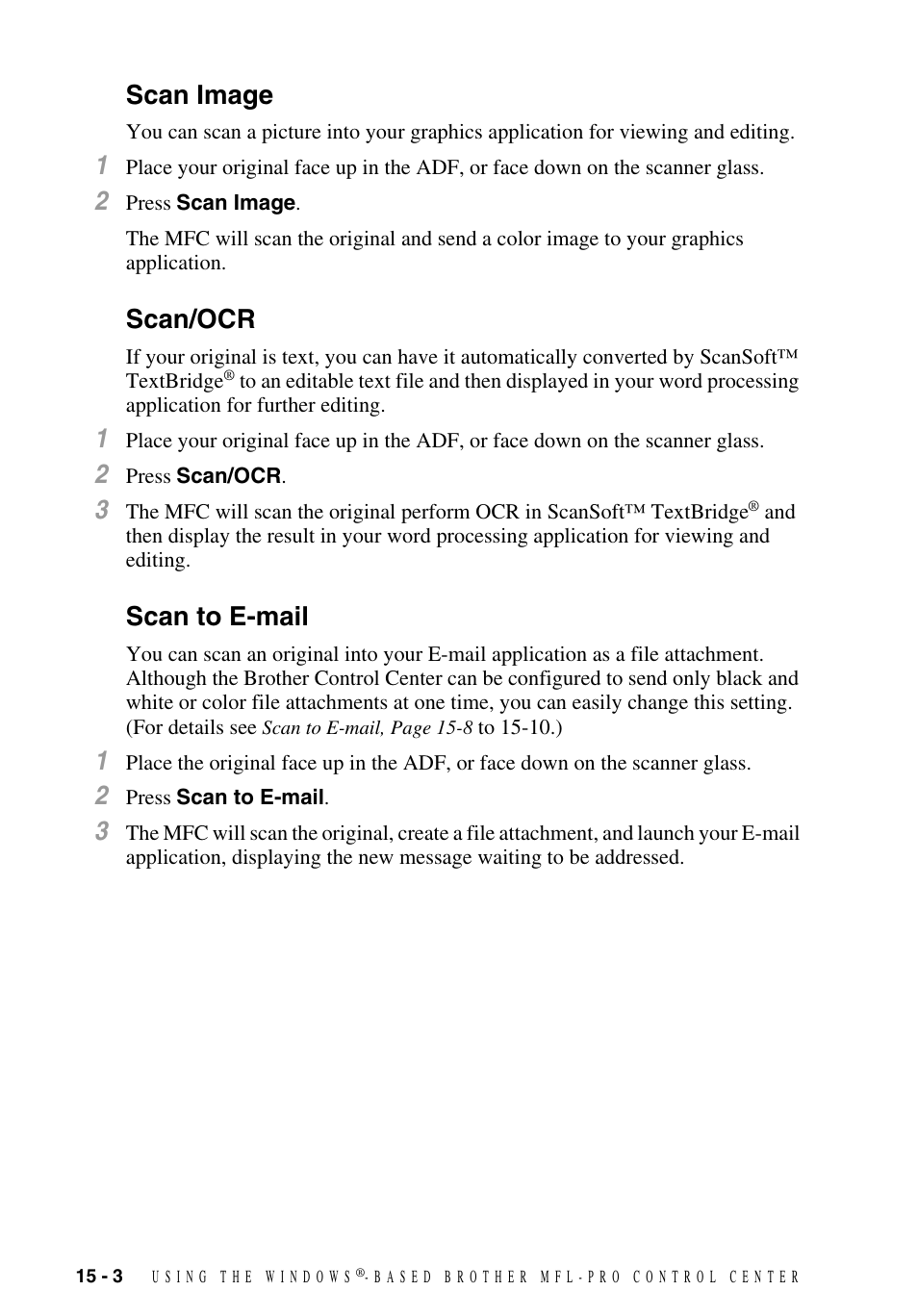 Scan image, Scan/ocr, Scan to e-mail | Scan image -3 scan/ocr -3 scan to e-mail -3 | Brother MFC-9700 User Manual | Page 132 / 228