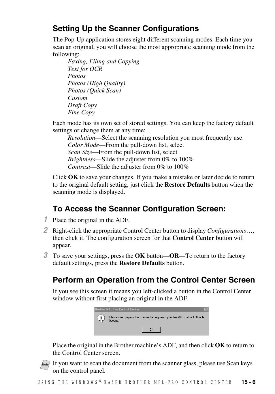 Setting up the scanner configurations, To access the scanner configuration screen, To15-6 | Brother MFC-9700 User Manual | Page 135 / 228