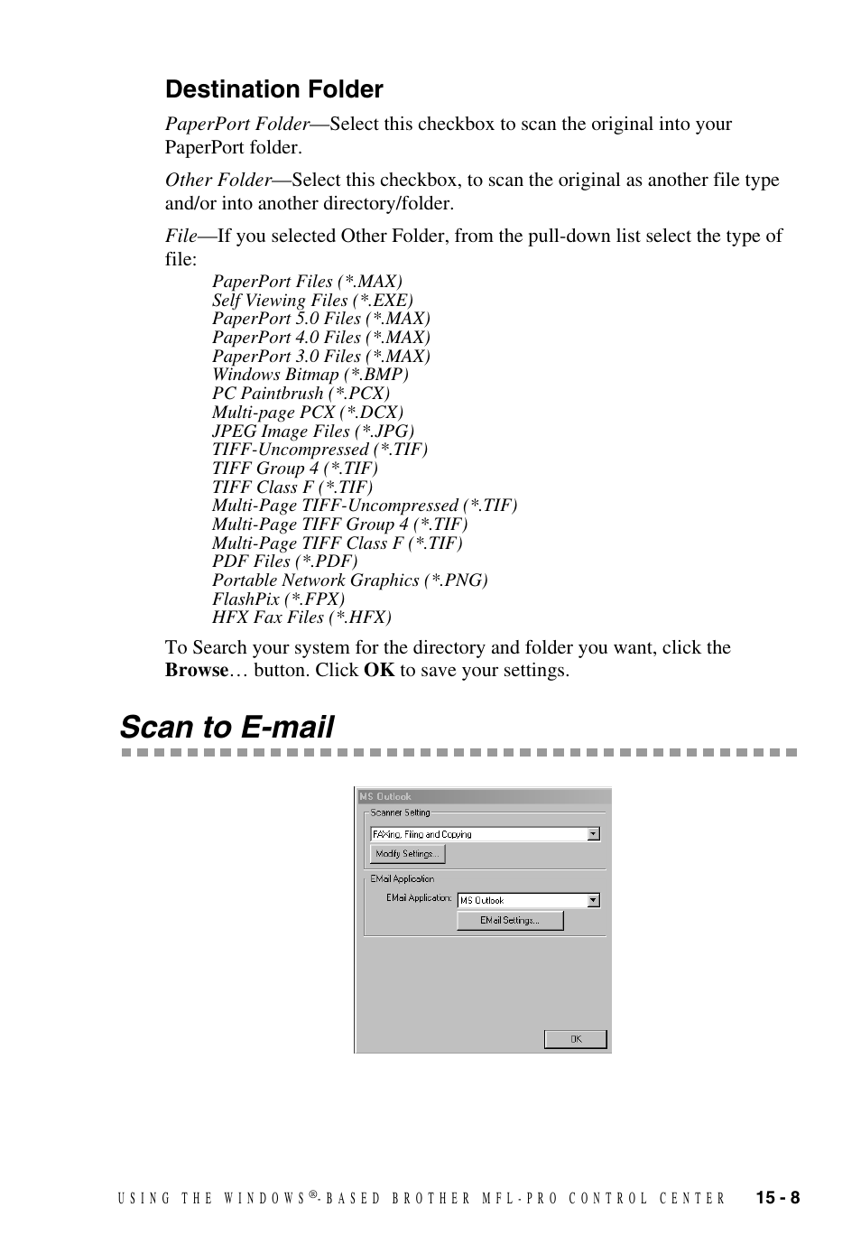 Destination folder, Scan to e-mail, Destination folder -8 | Scan to e-mail -8 | Brother MFC-9700 User Manual | Page 137 / 228