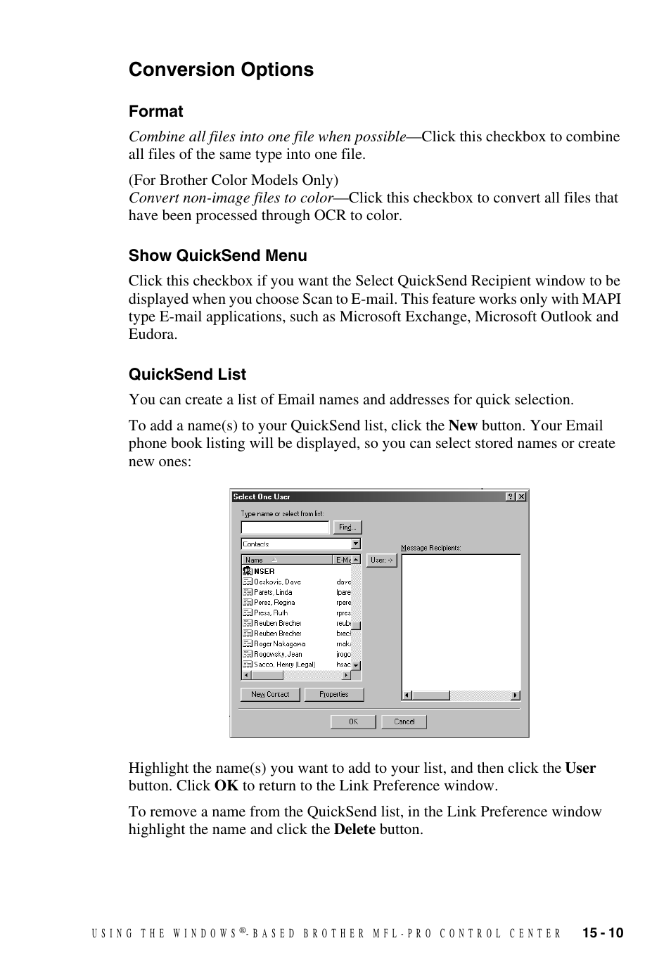 Conversion options, Format, Show quicksend menu | Quicksend list, Conversion options -10 | Brother MFC-9700 User Manual | Page 139 / 228