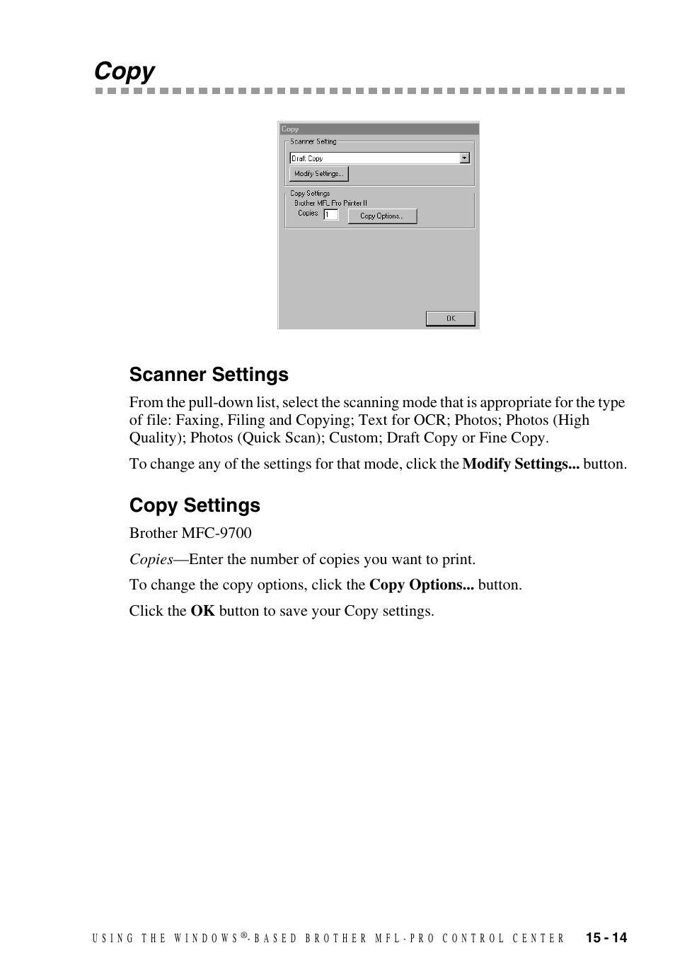 Copy, Scanner settings, Copy settings | Copy -14, Scanner settings -14 copy settings -14 | Brother MFC-9700 User Manual | Page 143 / 228