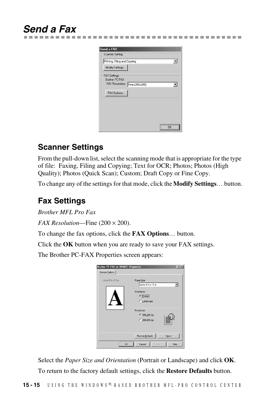Send a fax, Scanner settings, Fax settings | Send a fax -15, Scanner settings -15 fax settings -15 | Brother MFC-9700 User Manual | Page 144 / 228