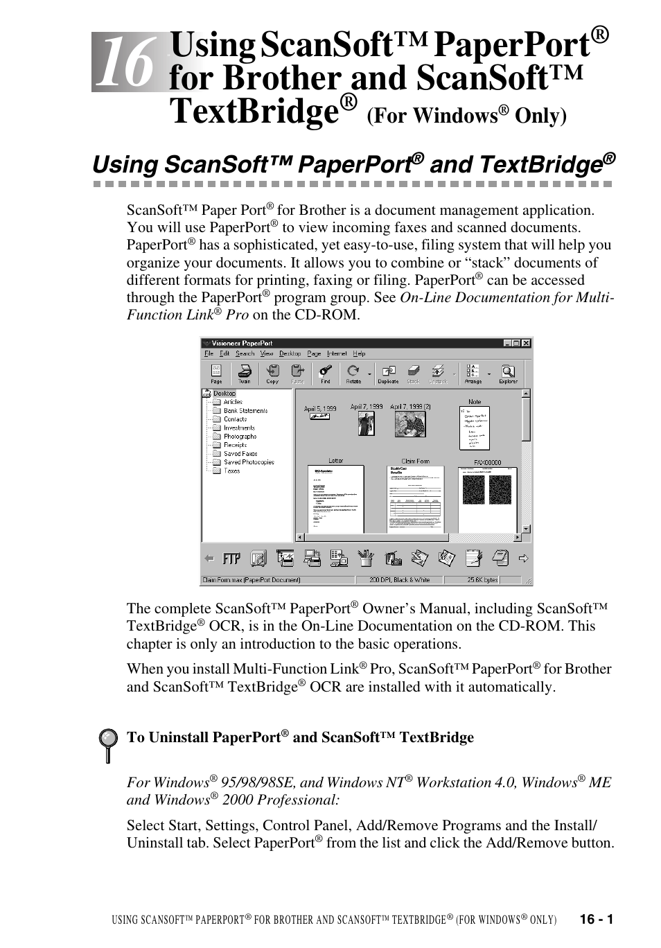 Using scansoft™ paperport® and textbridge, Using scansoft™ paperport, For brother and | Scansoft™ textbridge, For windows, Only) -1, And textbridge, For brother and scansoft™ textbridge, Only) | Brother MFC-9700 User Manual | Page 145 / 228