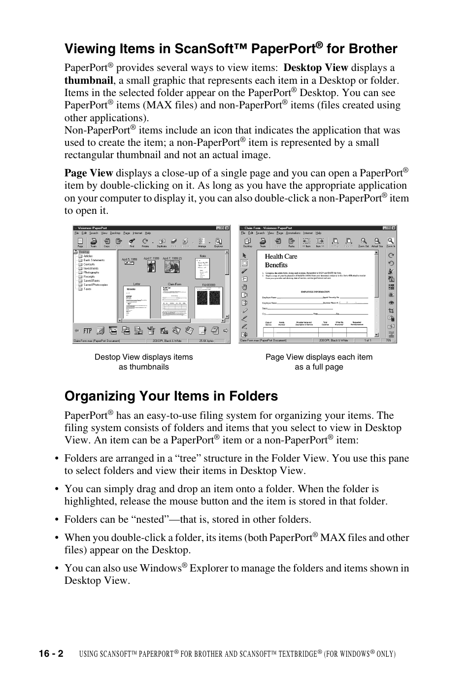 Viewing items in scansoft™ paperport® for brother, Organizing your items in folders, Viewing items in scansoft™ paperport | For brother -2, Organizing your items in folders -2, For brother | Brother MFC-9700 User Manual | Page 146 / 228