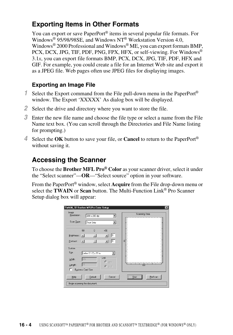 Exporting items in other formats, Exporting an image file, Accessing the scanner | Exporting items in other formats -4, Exporting an image file -4, Accessing the scanner -4 | Brother MFC-9700 User Manual | Page 148 / 228