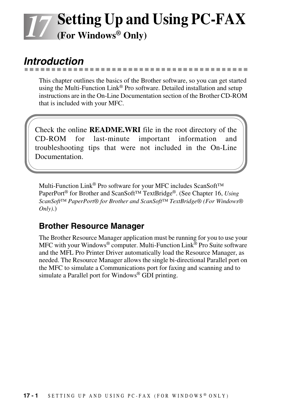 17 setting up and using pc-fax (for windows® only), Introduction, Brother resource manager | Setting up and using pc-fax (for windows, Only) -1, Introduction -1, Brother resource manager -1, Setting up and using pc-fax, For windows, Only) | Brother MFC-9700 User Manual | Page 152 / 228