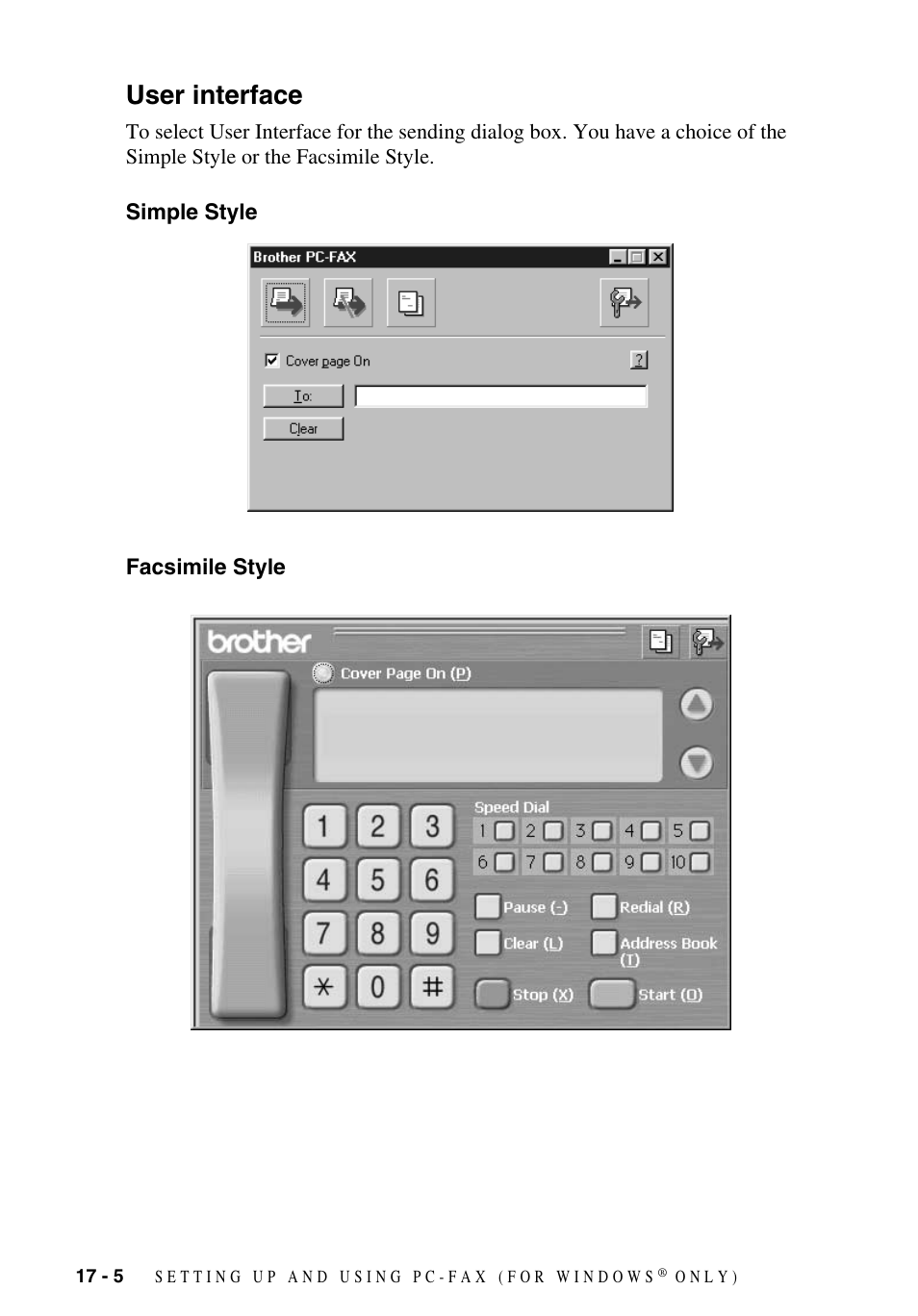 User interface, Simple style, Facsimile style | User interface -5, Simple style -5 facsimile style -5 | Brother MFC-9700 User Manual | Page 156 / 228