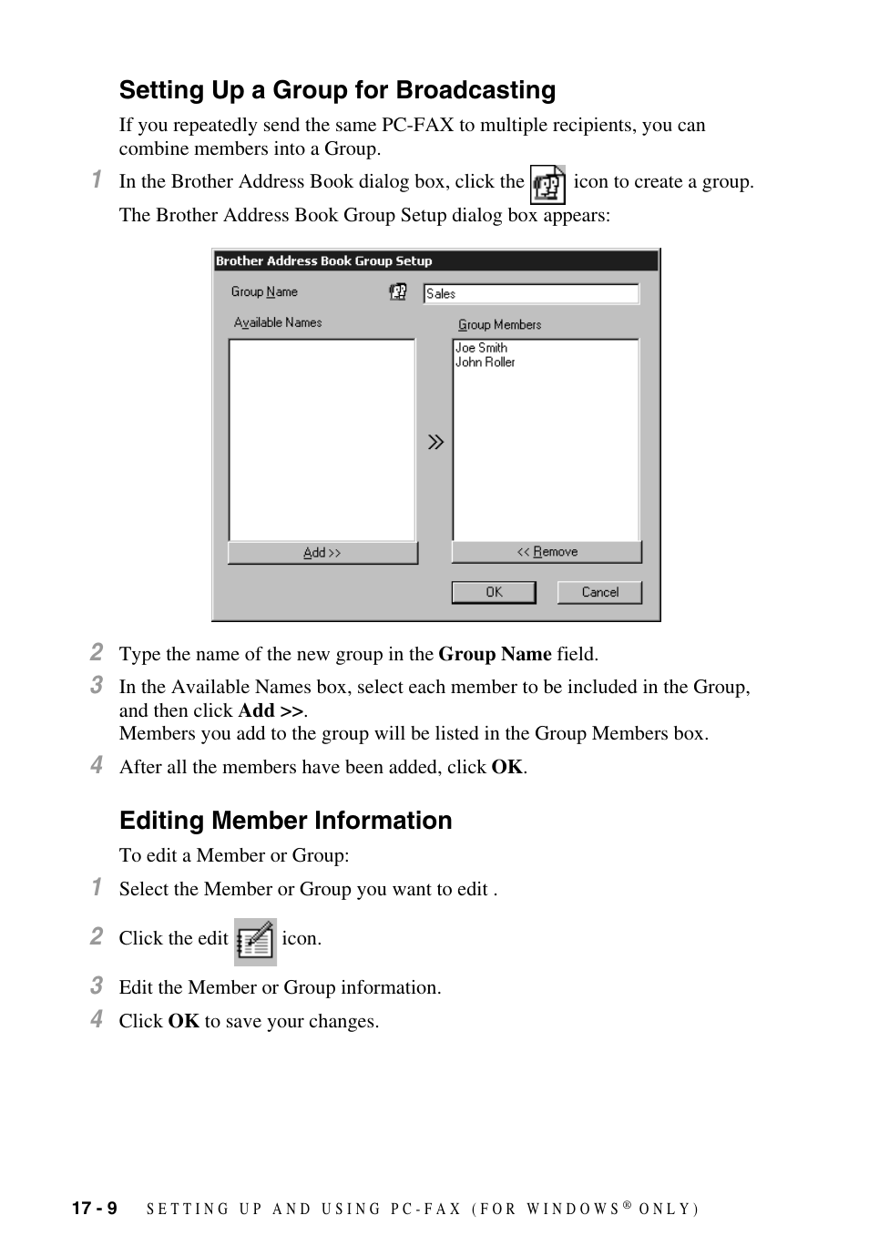 Setting up a group for broadcasting, Editing member information | Brother MFC-9700 User Manual | Page 160 / 228