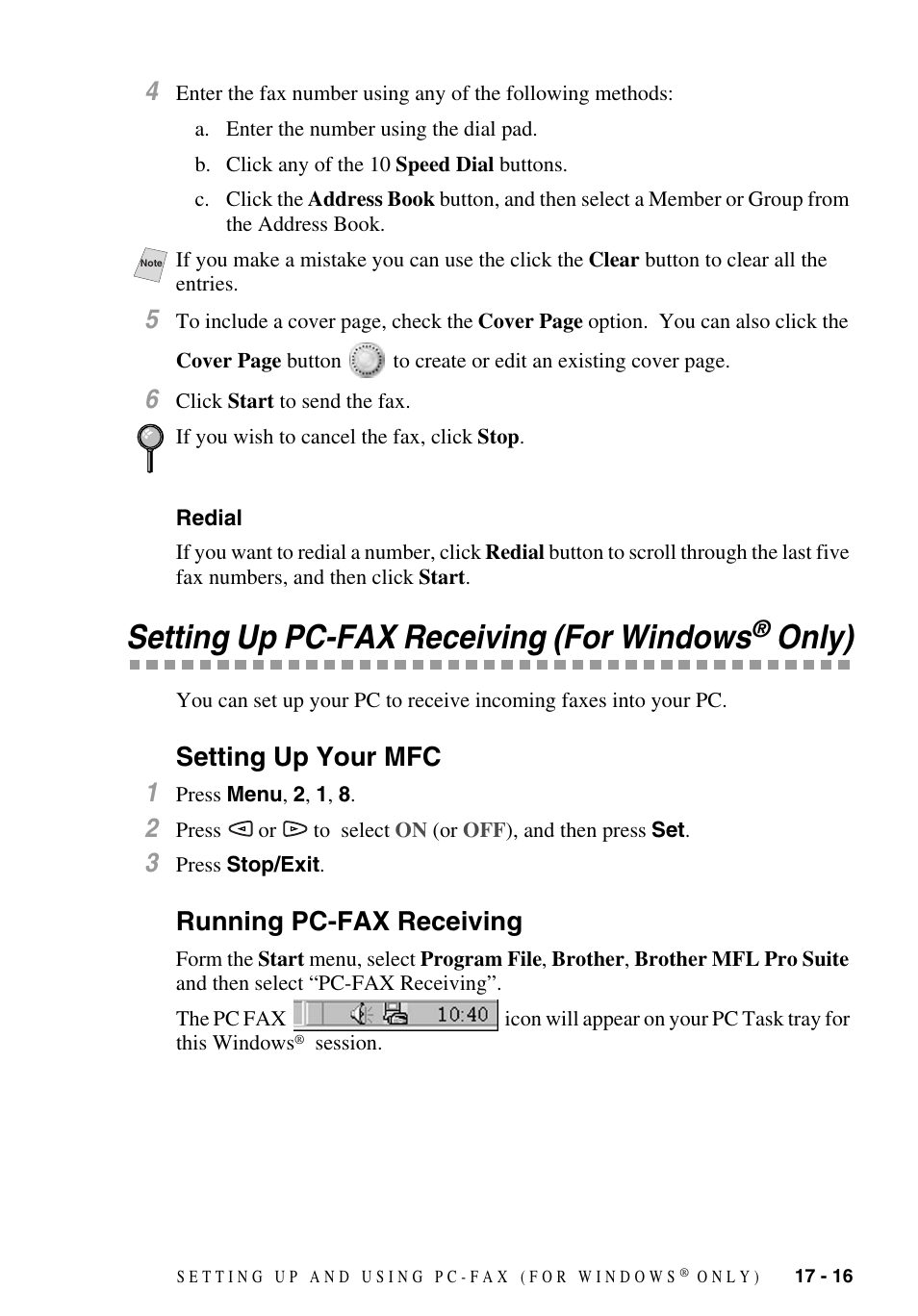 Redial, Setting up pc-fax receiving (for windows® only), Setting up your mfc | Running pc-fax receiving, Redial -16, Setting up pc-fax receiving (for windows, Only) -16, Only), Setting up your mfc 1 | Brother MFC-9700 User Manual | Page 167 / 228