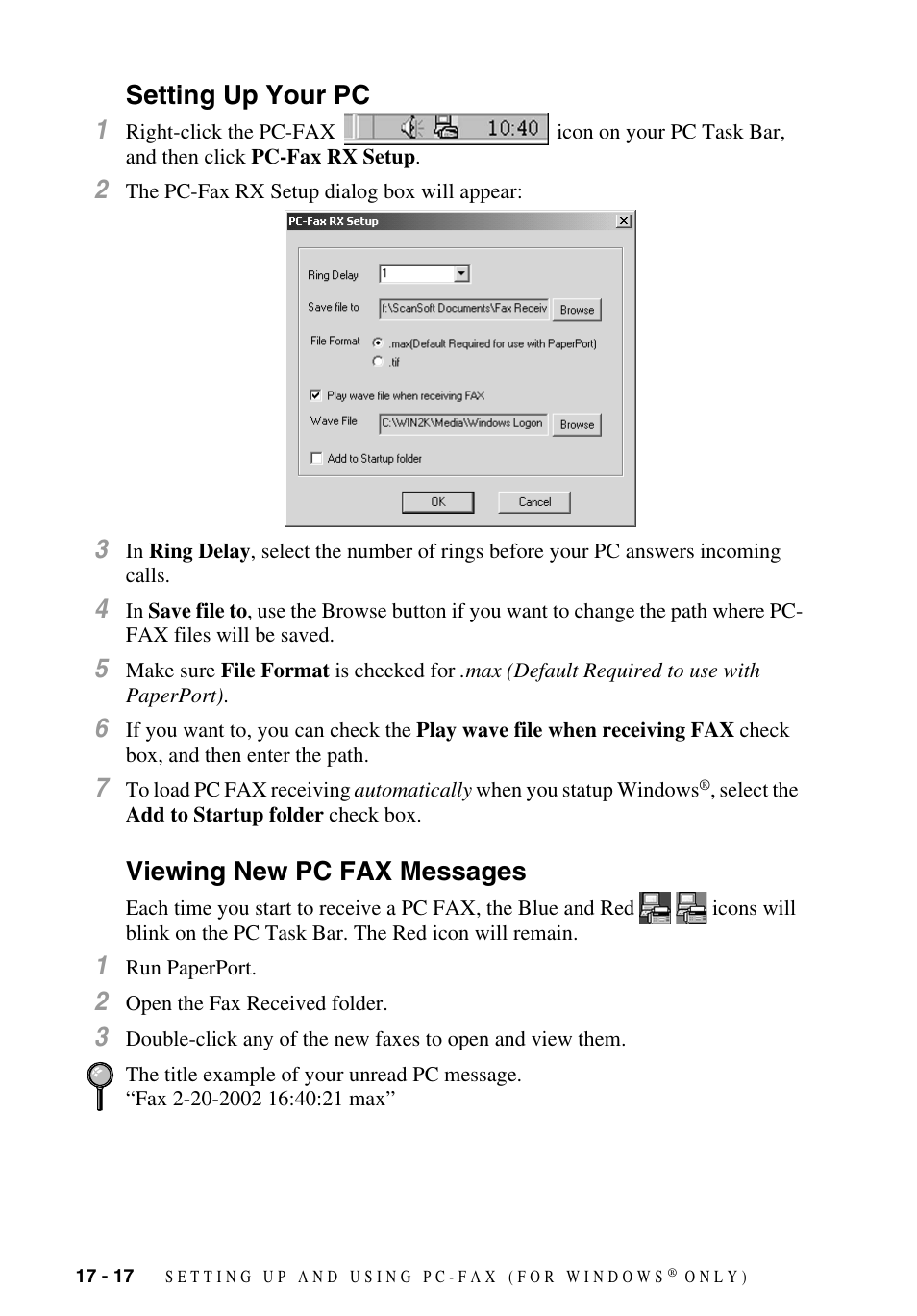 Setting up your pc, Viewing new pc fax messages, Setting up your pc 1 | Brother MFC-9700 User Manual | Page 168 / 228