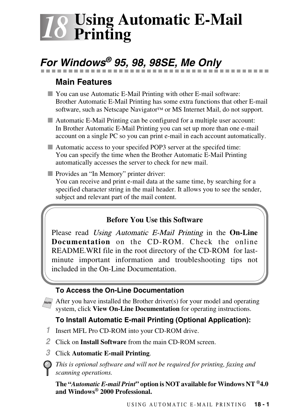 18 using automatic e-mail printing, For windows® 95, 98, 98se, me only, Main features | To access the on-line documentation, Using automatic e-mail printing -1, For windows, 95, 98, 98se, me only -1, Main features -1, Optional application): -1, Using automatic e-mail printing | Brother MFC-9700 User Manual | Page 169 / 228