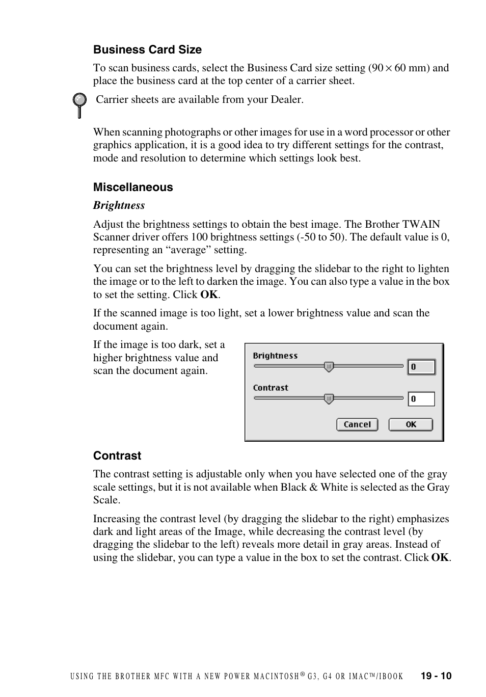 Business card size, Miscellaneous, Contrast | Brother MFC-9700 User Manual | Page 179 / 228