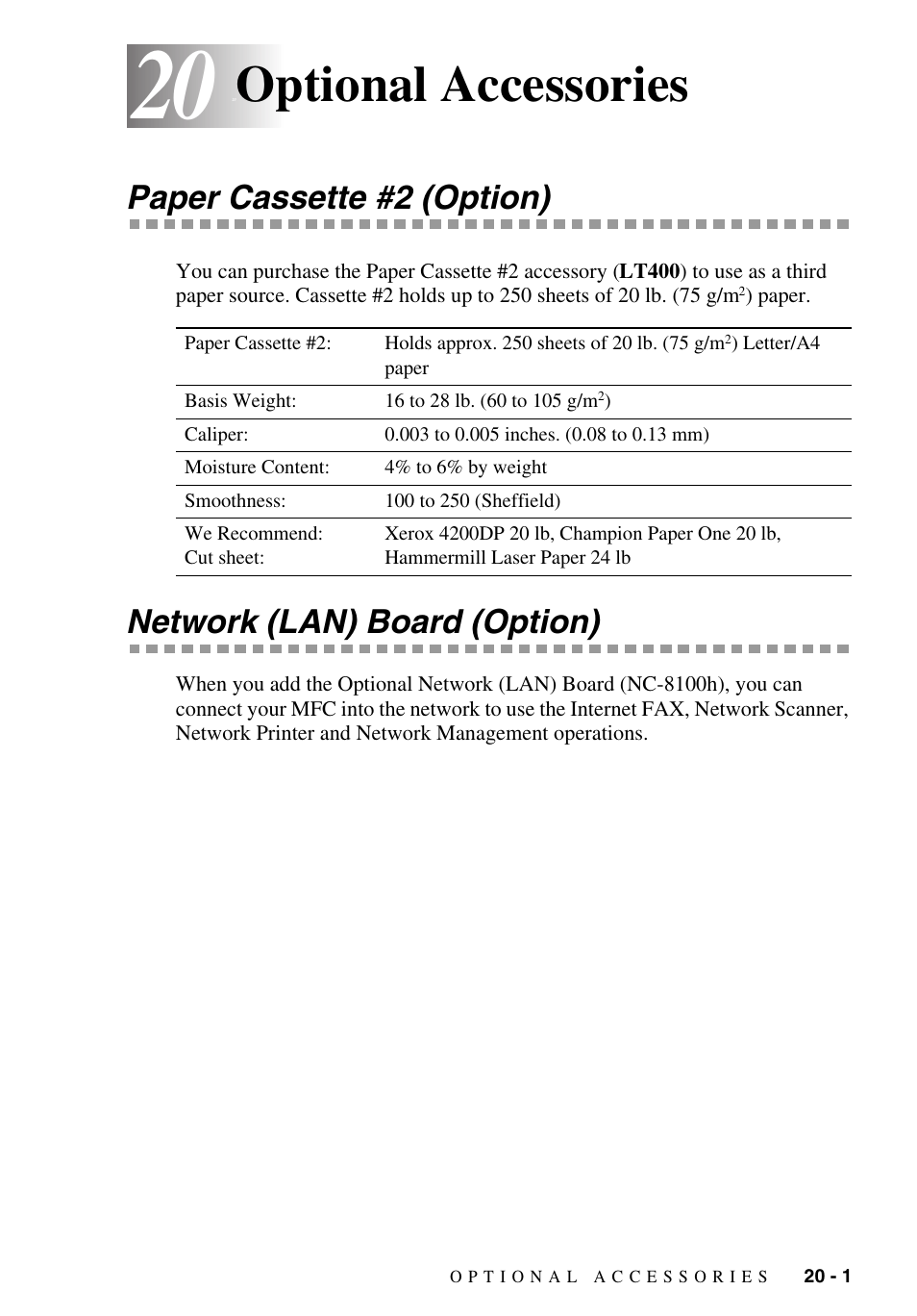 20 optional accessories, Paper cassette #2 (option), Network (lan) board (option) | Optional accessories -1, Optional accessories | Brother MFC-9700 User Manual | Page 181 / 228
