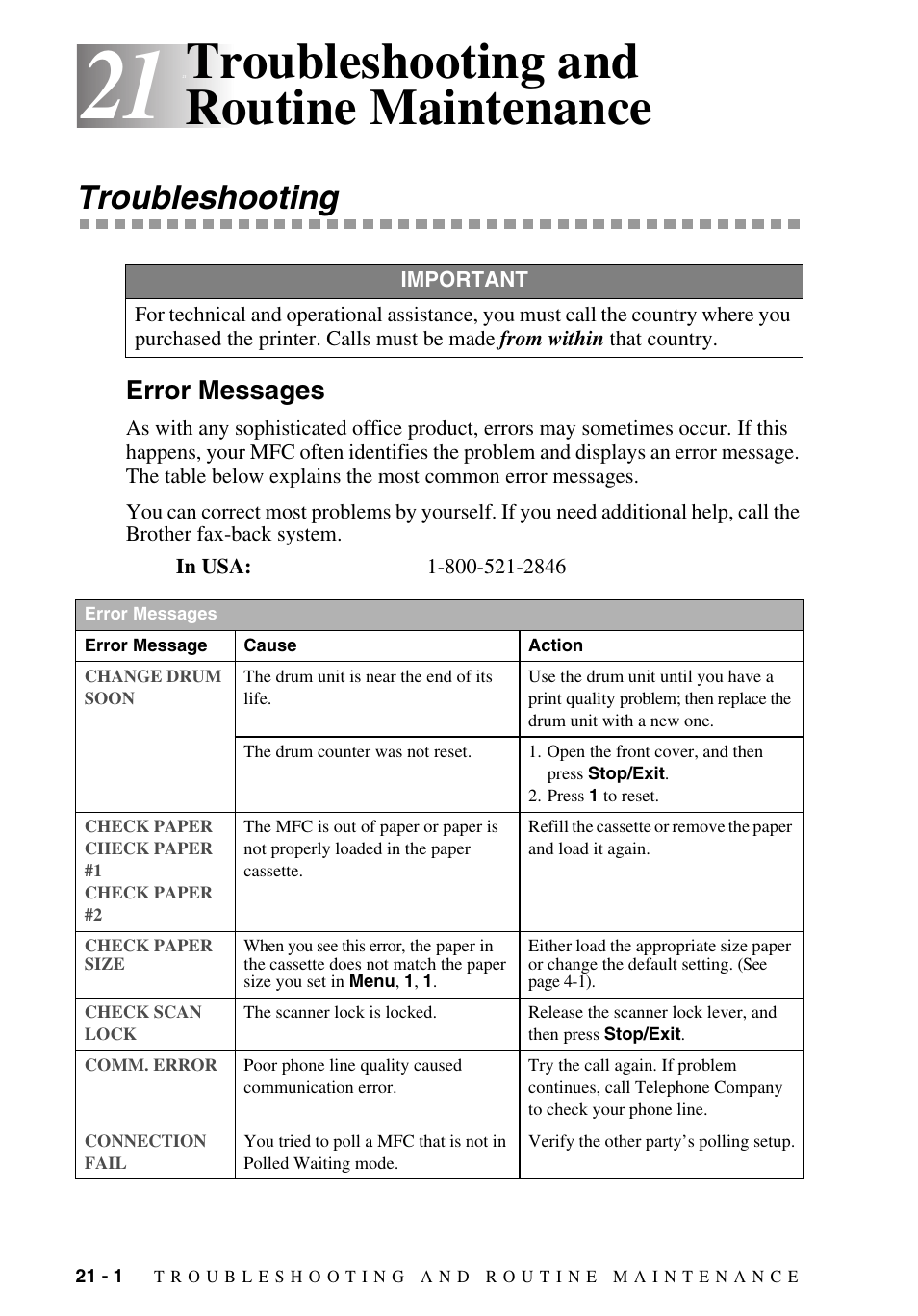 21 troubleshooting and routine maintenance, Troubleshooting, Error messages | Troubleshooting and routine maintenance -1, Troubleshooting -1, Error messages -1, Troubleshooting and routine maintenance | Brother MFC-9700 User Manual | Page 182 / 228