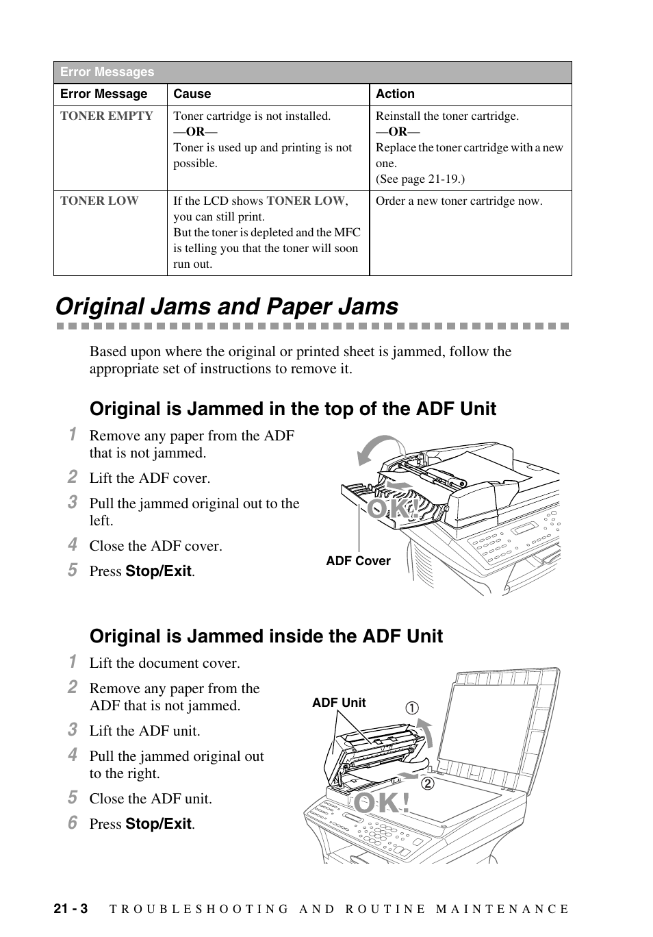 Original jams and paper jams, Original is jammed in the top of the adf unit, Original is jammed inside the adf unit | Original jams and paper jams -3, Original jams and paper, Jams, Original is jammed in the top of the adf unit 1, Original is jammed inside the adf unit 1 | Brother MFC-9700 User Manual | Page 184 / 228