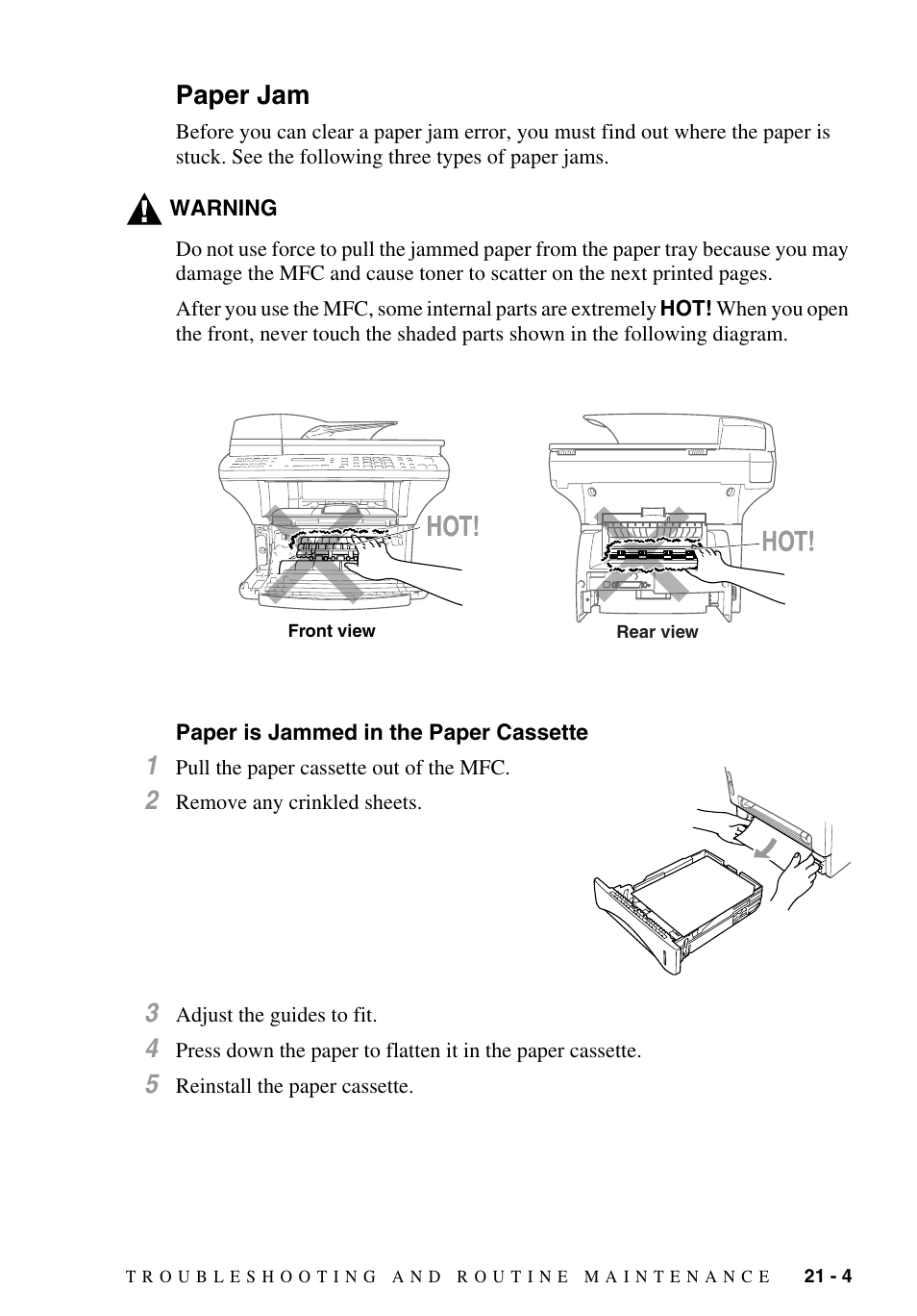 Paper jam, Paper is jammed in the paper cassette, Paper jam -4 | Paper is jammed in the paper cassette -4, Paper is jammed in the paper, Cassette | Brother MFC-9700 User Manual | Page 185 / 228