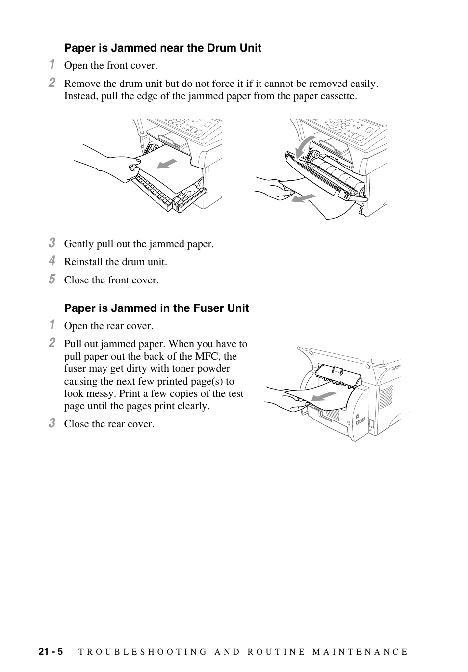Paper is jammed near the drum unit, Paper is jammed in the fuser unit | Brother MFC-9700 User Manual | Page 186 / 228