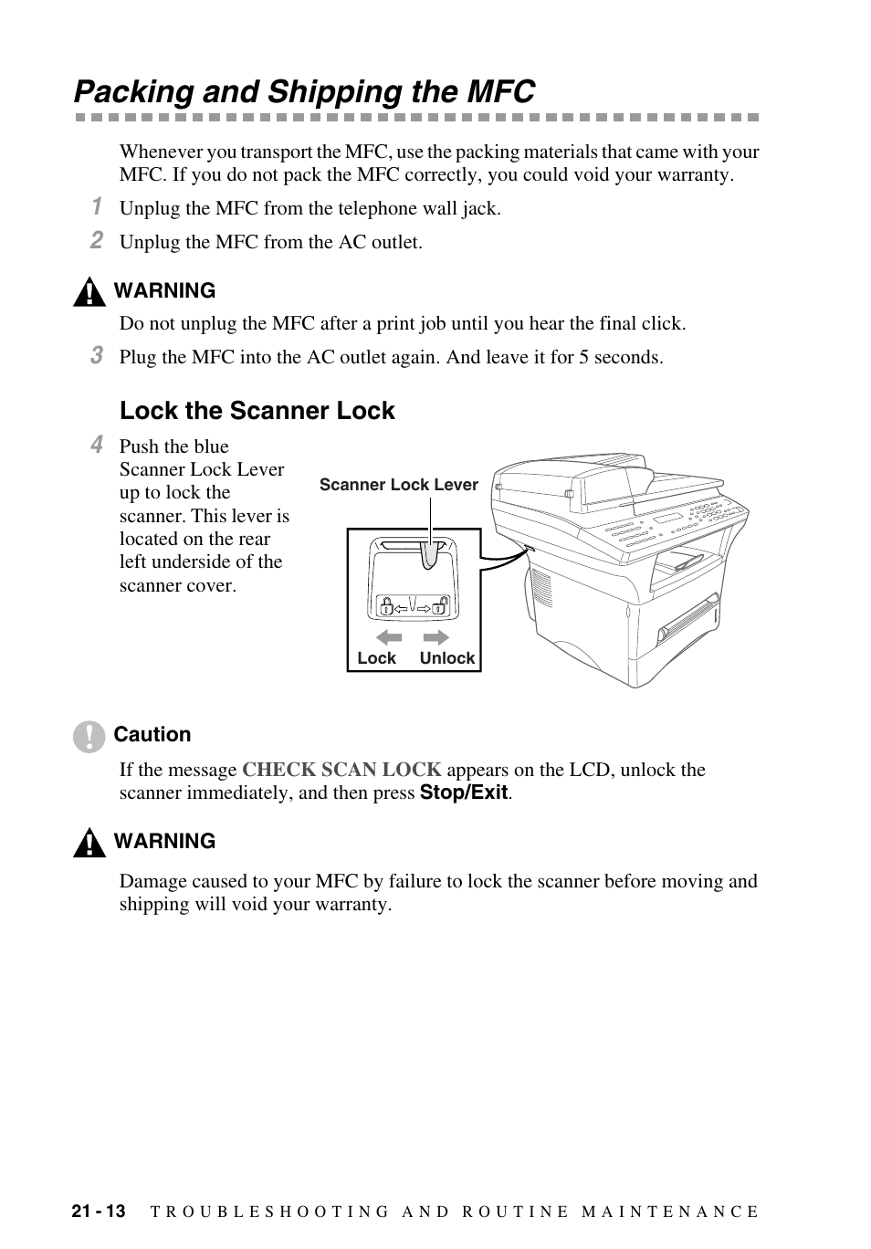 Packing and shipping the mfc, Lock the scanner lock, Packing and shipping the mfc -13 | Lock the scanner lock -13, Lock the scanner lock 4 | Brother MFC-9700 User Manual | Page 194 / 228