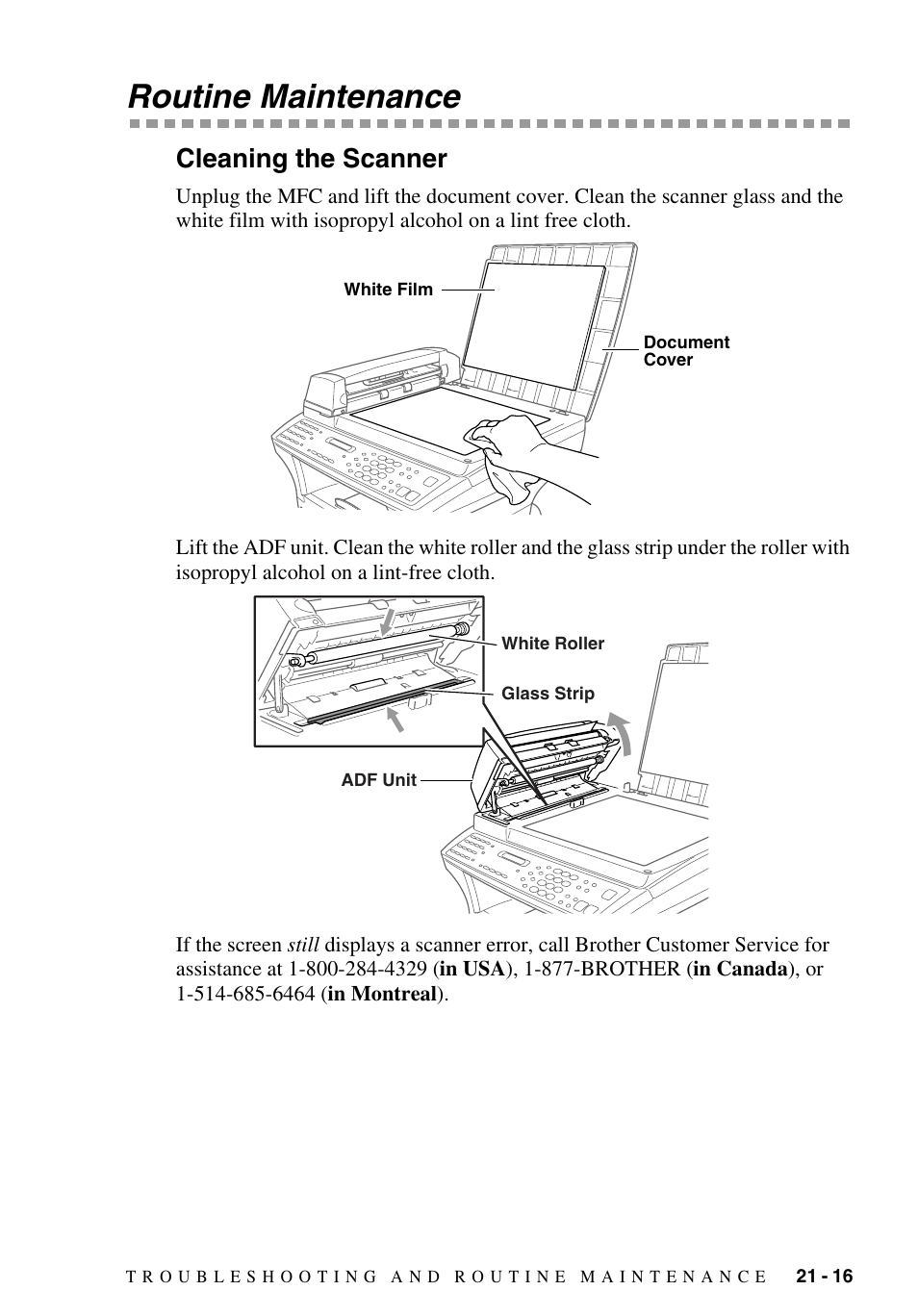 Routine maintenance, Cleaning the scanner, Routine maintenance -16 | Cleaning the scanner -16, Is dirty. (see, Soft cloth. (see, Unit. (see, S interior. (see | Brother MFC-9700 User Manual | Page 197 / 228