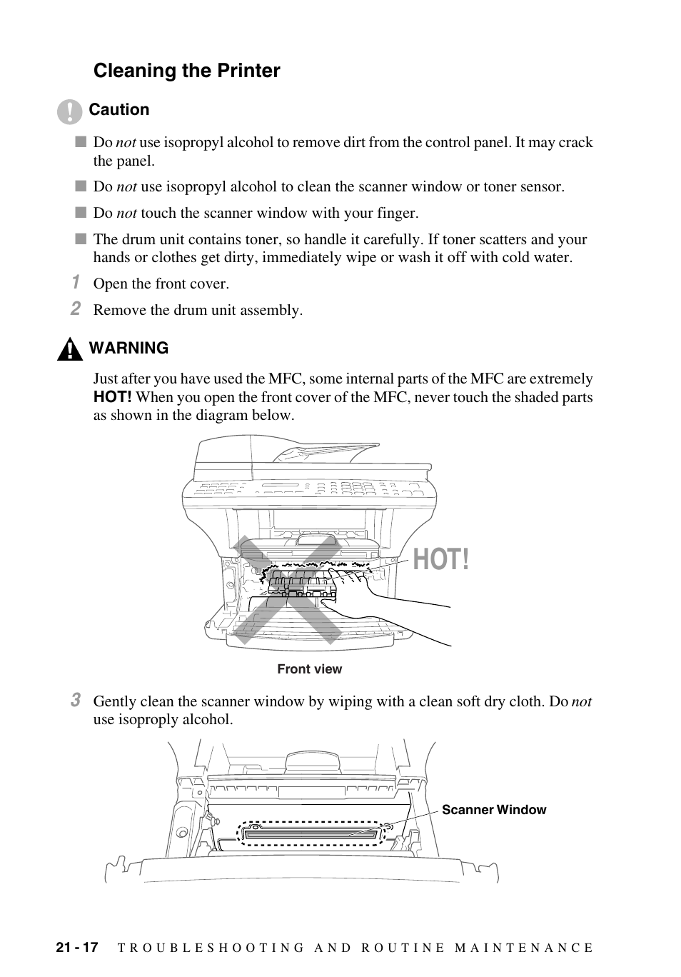 Cleaning the printer, Cleaning the printer -17 | Brother MFC-9700 User Manual | Page 198 / 228