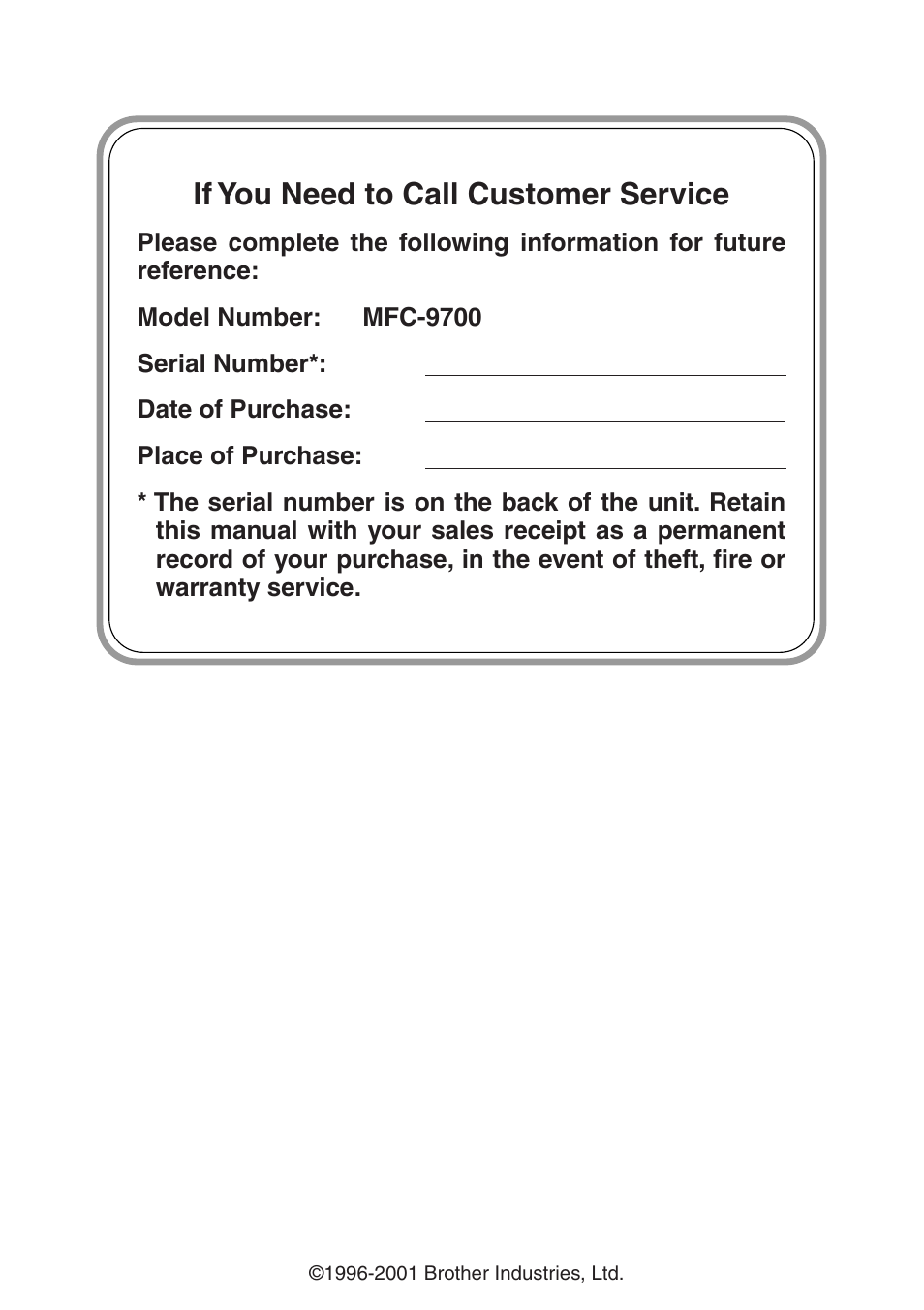 If you need to call customer service | Brother MFC-9700 User Manual | Page 2 / 228