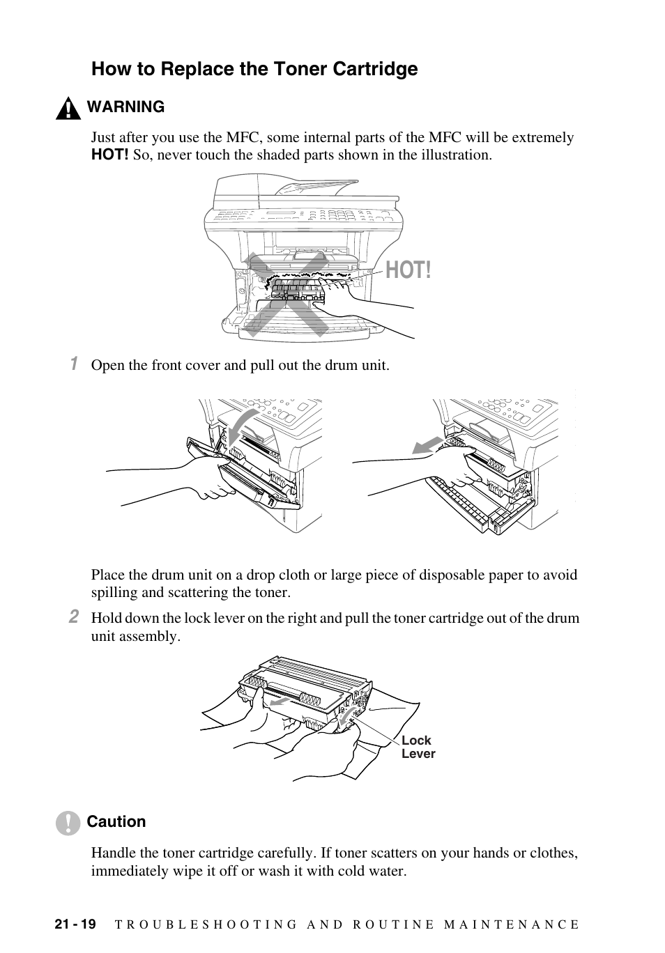 How to replace the toner cartridge, How to replace the toner cartridge -19 | Brother MFC-9700 User Manual | Page 200 / 228