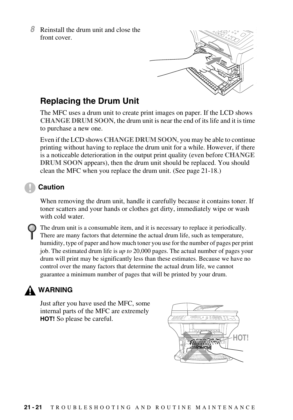 Replacing the drum unit, Replacing the drum unit -21 | Brother MFC-9700 User Manual | Page 202 / 228