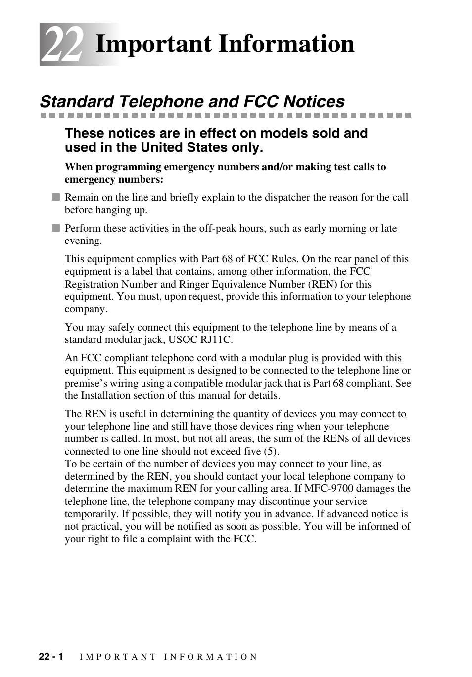 22 important information, Standard telephone and fcc notices, Important information -1 | Standard telephone and fcc notices -1, Important information | Brother MFC-9700 User Manual | Page 204 / 228