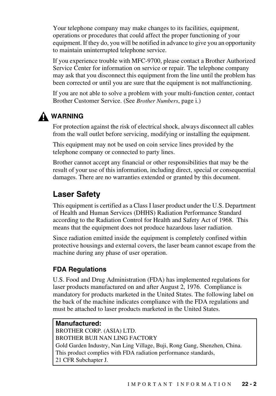Laser safety, Fda regulations, Laser safety -2 | Fda regulations -2 | Brother MFC-9700 User Manual | Page 205 / 228